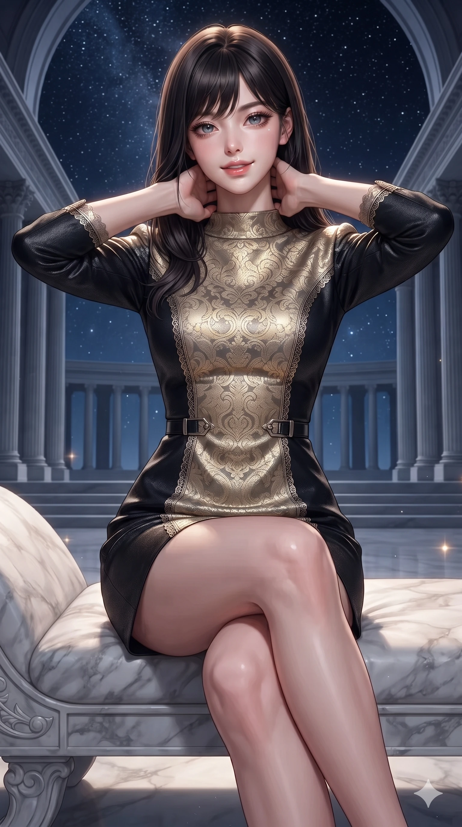 score_9, masterpiece, best quality, ultra-detailed, high-budget anime keyframe, editorial fashion photography, tasteful artistic composition, Korean woman. close-up cowboy shot from the waist and thighs up, the character dominates the composition, filling the frame with her large presence. resting both hands lightly behind her neck with elbows raised, arching her spine to highlight her narrow waist, flat midriff, and breathtaking collarbones while sitting gracefully on the sculptural marble chaise with legs crossed, flashing an enchanting smile with parted glossy lips as starlight drapes across her. The surrounding environment is rendered in vivid detail and crisp panoramic clarity: detailed evening dress tailoring, fine metallic lace trim, and monumental neoclassical celestial architecture in high resolution. She has an exceptionally elegant, slender, and willowy female figure with an ultra-slim waist, flat toned midriff, narrow ribcage, and sculpted feminine hips creating an alluring, slim hourglass silhouette without bulk. sharp v-shaped jawline, high-bridge nose, intricate jewel-like sparkling eyes with depth, thick eyelashes, glossy parted lips with a natural peach sheen, bright cheerful beaming smile with an enchanting and coquettish sensual glint, exuding both youthful cute charm and seductive allure, flawlessly proportioned anatomical accuracy, strict slender model proportions, natural body alignment, perfectly sculpted long slender limbs, ultra-slim waistline, clean dynamic posture without body distortion. wearing an aristocratic gold-leaf jacquard brocade shift dress with high boat neckline and bracelet sleeves in deep obsidian black and liquid molten platinum, tailored from high-density tech-wool with subtle metallic thread weave, finished with sleek magnetic buckle closures fluttering in the breeze, the bespoke structured tailoring following the natural line of her 8.5-heads silhouette with refined elegance. bathed in the unpolluted brilliant diamond sparkle of deep space starlight mixed with soft warm 2800K balcony edge lighting. ultra-reflective glossy finish, specular highlights, rich textural contrasts, high-contrast stereoscopic depth, volumetric dynamic lighting, 2k, ultra detail, master piece, 9:16 ratio
