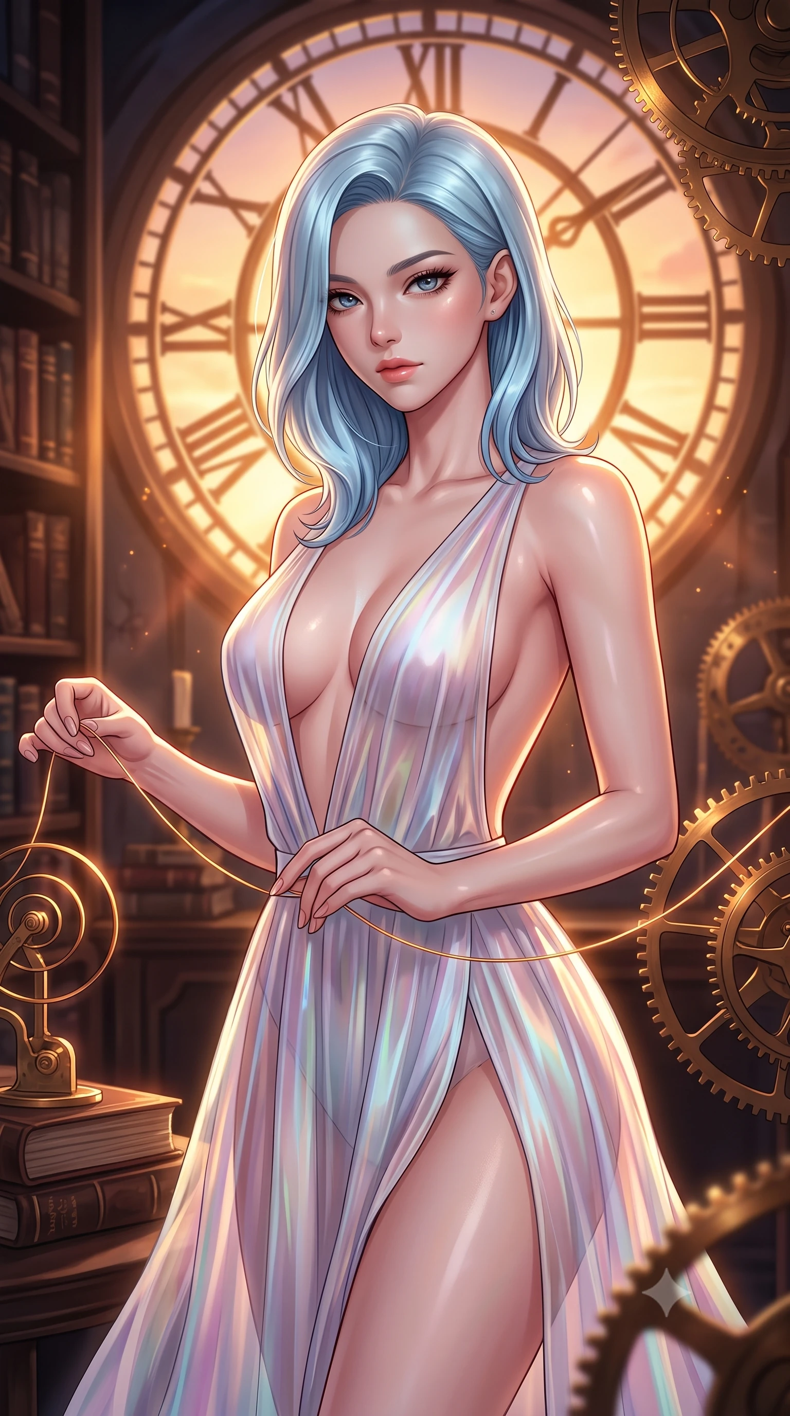 score_9, masterpiece, best quality, ultra-detailed, high-budget anime keyframe, editorial fashion photography, tasteful artistic composition, Korean woman. close-up cowboy shot from the waist and thighs up, the character dominates the composition, filling the frame with her large presence, background elements kept in soft focus. Leaning slightly forward with a composed, seductive gaze under soft glowing light threading glowing clockwork spring wires inside a majestic archives hall, dramatic twilight amber light streaming through the giant clock window. She has an exceptionally elegant, slender, and willowy female figure with an ultra-slim waist, a gracefully sculpted slender torso, and a refined silhouette. sharp v-shaped jawline, high-bridge nose, intricate jewel-like eyes with depth, thick eyelashes, glossy lips with a natural sheen. wearing a translucent iridescent chiffon gown with a dramatic plunging neckline and open back, the elegant draped fit framing her graceful clavicle and slender torso. bathed in warm twilight amber backlighting and rich metallic specular glow. highly saturated vibrant anime colors, detailed shading with soft gradients, rich glossy textures, high-contrast stereoscopic depth, volumetric dynamic lighting, master piece, 9:16 ratio