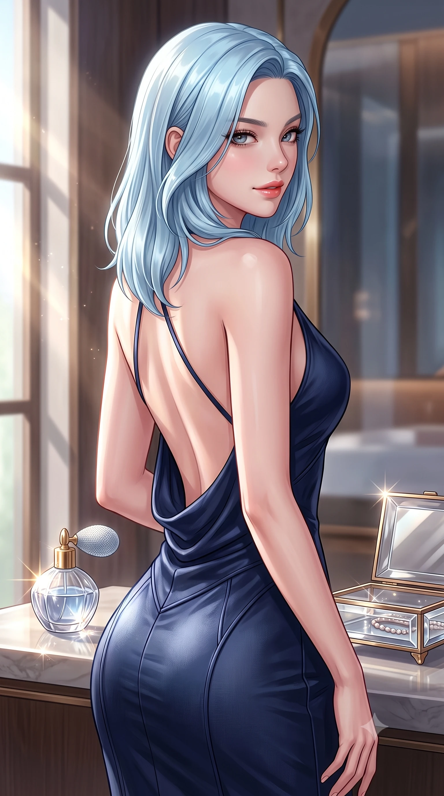 score_9, masterpiece, best quality, ultra-detailed, high-budget anime keyframe, editorial fashion photography, tasteful artistic composition, Korean woman. close-up cowboy shot from the waist and thighs up, the character dominates the composition, filling the frame with her large presence, background elements kept in soft focus. glancing sidelong over her shoulder with an intoxicating, lingering stare and a subtle, knowing smile set against a soft-focus background of inside an exclusive private spa pavilion with a vintage perfume atomizer and crystal jewelry box reflecting soft light. She has an exceptionally elegant, slender, and willowy female figure with an ultra-slim waist, a gracefully sculpted slender torso, and a refined silhouette. sharp v-shaped jawline, high-bridge nose, intricate jewel-like eyes with depth, thick eyelashes, glossy lips with a natural sheen. wearing tailored midnight navy glossy leather backless linen halter dress featuring delicate straps and a draped open-back design featuring refined tailored seams. lit by crisp morning sun rays creating sparkling glints on polished glass and water. highly saturated vibrant anime colors, detailed shading with soft gradients, rich glossy textures, high-contrast stereoscopic depth, volumetric dynamic lighting, master piece, 9:16 ratio