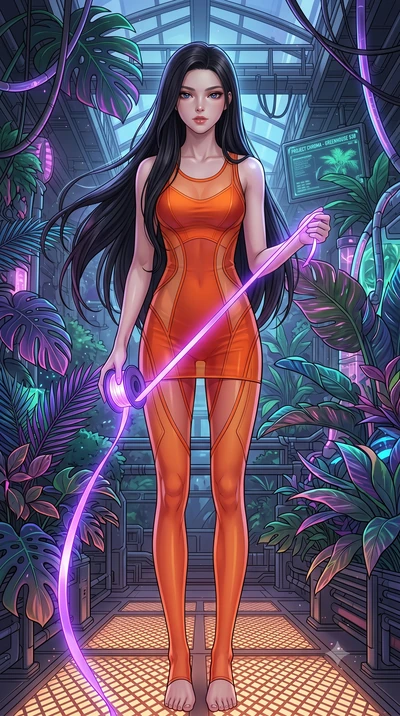 score_9, masterpiece, best quality, ultra-detailed, High-budget Anime Keyframe, East Asian woman. Low angle cowboy shot filling the entire 9:16 frame with her statuesque presence. Scenario 538: unravelling a spool of glowing violet ribbon in a cybern