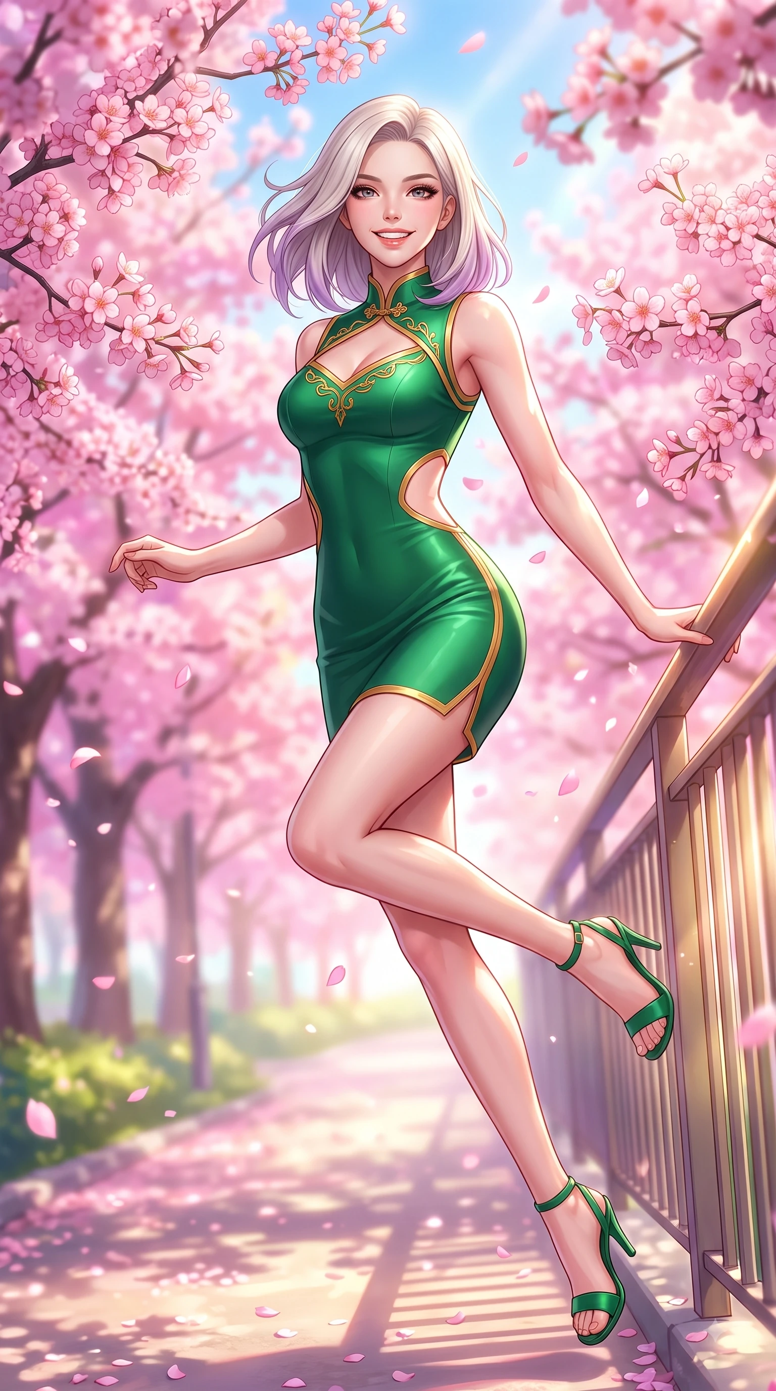 score_9, masterpiece, best quality, ultra-detailed, high-budget anime keyframe, editorial fashion photography, tasteful artistic composition, Caucasian woman. low angle full-body shot from head to toe showing her feet, filling the entire 9:16 vertical frame with her statuesque presence, stretching her vertical silhouette. leaping with pure youthful energy through the scene with a radiant bright smile, her long slender legs balanced gracefully while leaning gracefully against a sunlit park railing framed by vibrant pink flower canopies. The composition keeps background elements in soft focus with dreamy bokeh. fluttering sakura petals and sunlit park paths softened in romantic background blur. She has an absolutely perfect, statuesque 8.5-heads proportion, an exceptionally tall and slender model-like female figure with impossibly long slender legs and an ultra-slim waist. sharp v-shaped jawline, high-bridge nose, intricate jewel-like eyes with depth, thick eyelashes, glossy lips with a natural sheen, flawlessly proportioned anatomical accuracy, natural body alignment, perfectly sculpted elegant limbs, clean dynamic posture without body distortion. wearing a form-contouring bodycon dress featuring subtle strategic side waist cutouts in bright emerald green and warm gold trim, made of premium stretch jersey that follows her curves like a glove, accented with a Tasteful chest slit framing her clavicle gracefully, the tailored fabric tightly following every curve of her athletic build. illuminated by soft glowing pink ambient light and clear sky refractions. highly saturated vibrant anime colors, detailed shading with soft gradients, rich glossy textures, high-contrast stereoscopic depth, volumetric dynamic lighting, master piece, 9:16 ratio