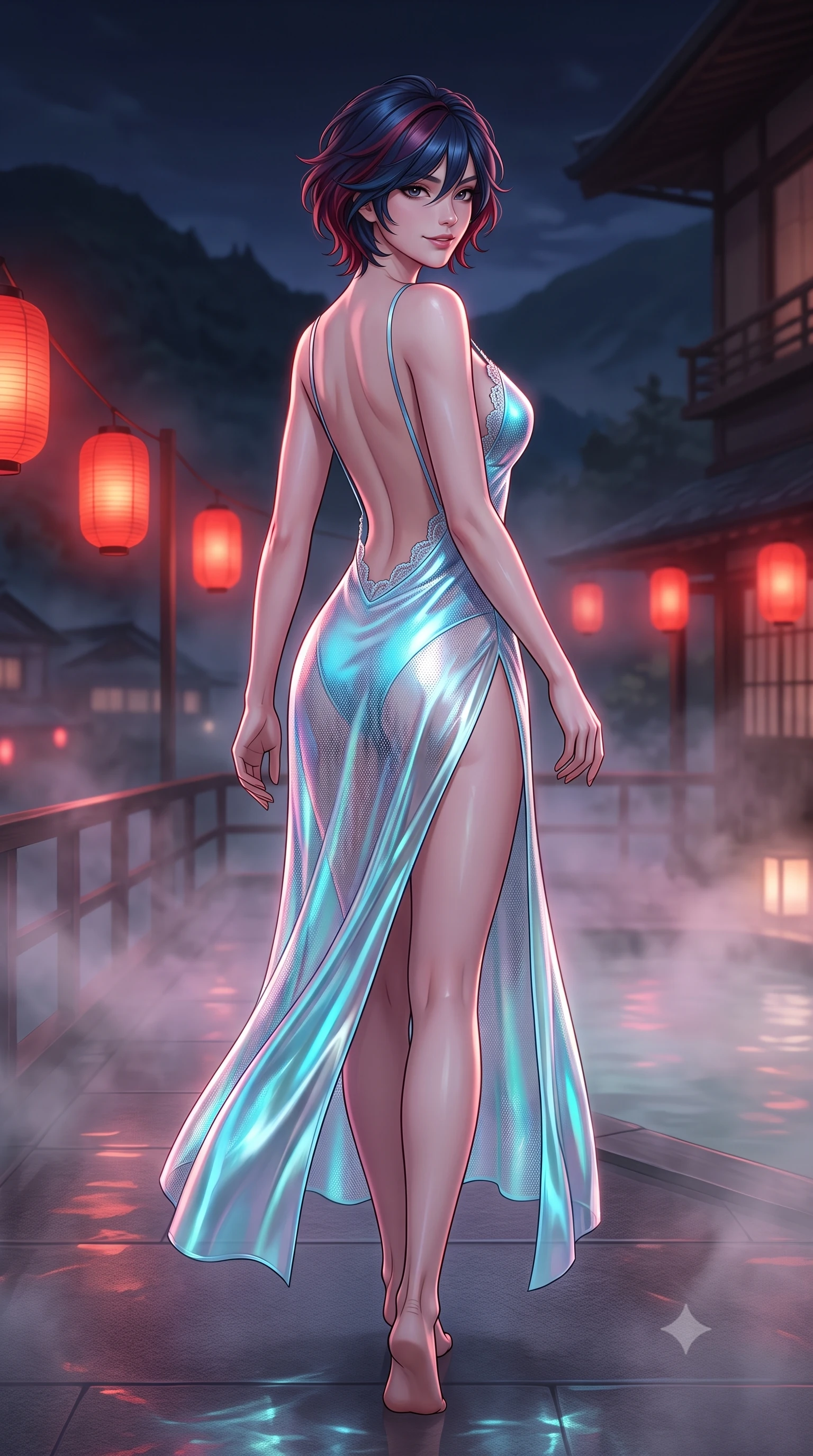 score_9, masterpiece, best quality, ultra-detailed, high-budget anime keyframe, semi-realistic 3D game render, editorial fashion photography, tasteful artistic composition, Korean woman. low angle full-body shot from head to toe showing her feet, filling the entire 9:16 vertical frame with her statuesque presence, stretching her vertical silhouette. walking along the terrace with poise, looking back over her bare shoulder with an irresistible smoldering bedroom-gaze while twisting her slender torso in an alluring contrapposto stance, glowing crimson paper lanterns and hot spring vapor caressing her narrow waist and curvy hips. The background shows a soft-focus drifting sulfur steam clouds softened in mystical Hakone mountain sanctuary shallow focus. She has an exceptionally tall and slender model-like 8.5-heads proportion, an ultra-slim waist, a flat toned midriff, narrow delicate ribcage, and beautifully sculpted feminine hips creating a graceful, slim hourglass silhouette without any bulky heaviness, with impossibly long slender legs. sharp v-shaped jawline, high-bridge nose, intricate jewel-like sparkling eyes with depth, thick eyelashes, glossy parted lips with a natural peach sheen, bright cheerful beaming smile with an enchanting and coquettish sensual glint, exuding both youthful cute charm and seductive allure, flawlessly proportioned anatomical accuracy, strict slender model proportions, natural body alignment, perfectly sculpted long slender limbs, ultra-slim waistline, clean dynamic posture without body distortion. wearing an alluring backless sheer holographic mesh slip dress with high thigh slit clinging smoothly to her dewy skin in Neo-Carthage holographic cyan and solar chrome, crafted from fluid liquid silk satin that clings smoothly to her narrow waist and rounded hips with a dewy sheen, finished with scalloped eyelash lace trim framing her sweetheart neckline with intimate elegance, the liquid-tight tailored fabric clinging flawlessly to her narrow waist and rounded feminine hips, emphasizing every millimeter of her sculpted slim hourglass curves without any bulky heaviness. illuminated by thermal river caustics bounce and sharp pearlescent-rose rim lights sculpting her jawline, flat midriff, and curvaceous hips. highly saturated vibrant anime colors, detailed shading with soft gradients, rich glossy textures, high-contrast stereoscopic depth, volumetric dynamic lighting, master piece, 9:16 ratio