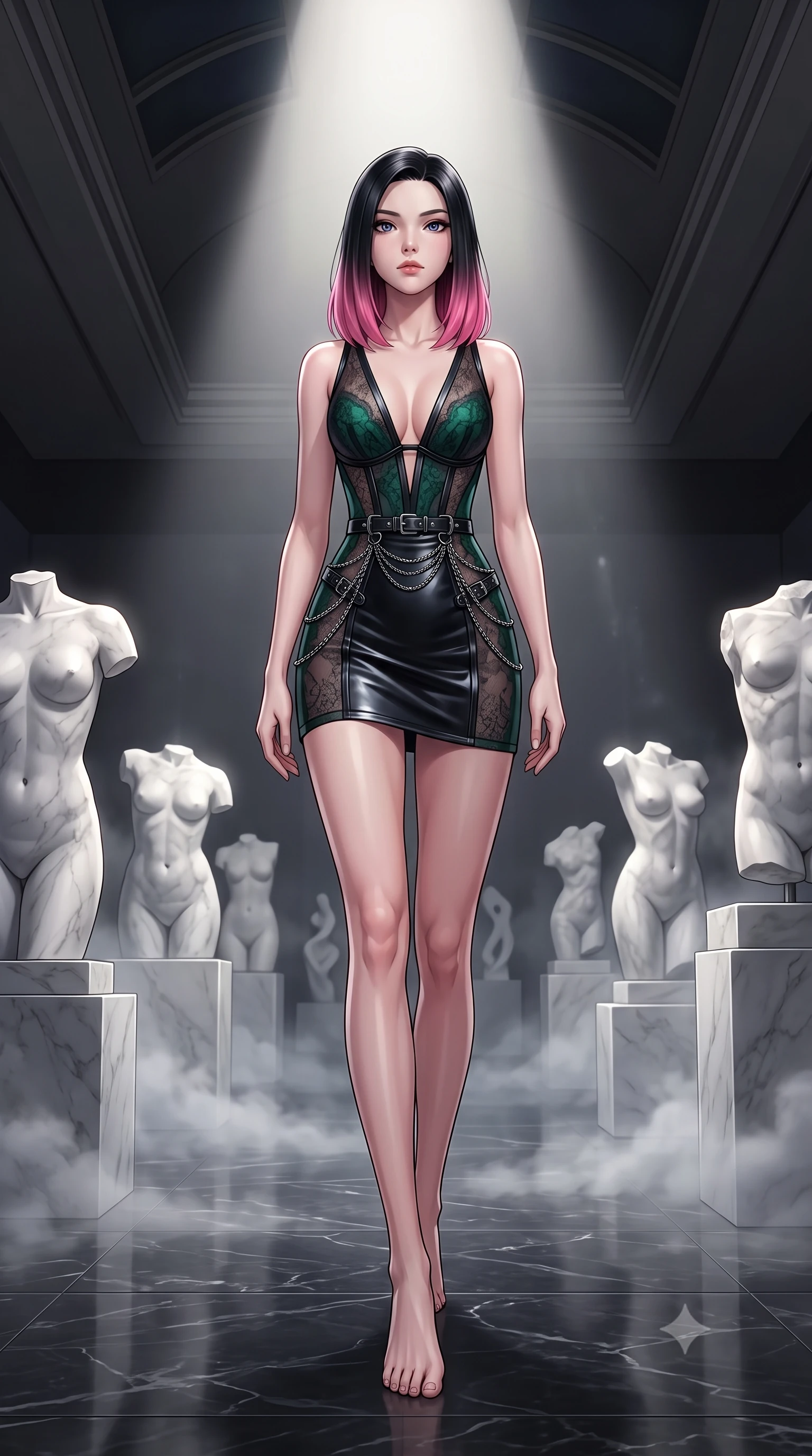 score_9, masterpiece, best quality, ultra-detailed, high-budget anime keyframe, editorial fashion photography, tasteful artistic composition, Korean woman. low angle full-body shot from head to toe showing her feet, filling the entire 9:16 vertical frame with her statuesque presence, stretching her vertical silhouette. forging confidently through the floating mist, holding a poised statuesque stance, standing in a secluded private art gallery filled with white marble torso sculptures, intellectual, superior aura with composed facial expression. She has an absolutely perfect, statuesque 8.5-heads proportion, an exceptionally tall and slender model-like female figure with impossibly long slender legs and an ultra-slim waist. sharp v-shaped jawline, high-bridge nose, intricate jewel-like eyes with depth, thick eyelashes, glossy lips with a natural sheen. wearing deep V-neck corset bodice mini dress with sheer dark lace panels in deep emerald green, made of polished black leather, framed by dark titanium buckles and silver chain details, highlighting her statuesque proportions and ultra-slim waistline. illuminated by a single dramatic theatrical spotlight from directly overhead. highly saturated vibrant anime colors, detailed shading with soft gradients, rich glossy textures, high-contrast stereoscopic depth, volumetric dynamic lighting, master piece, 9:16 ratio