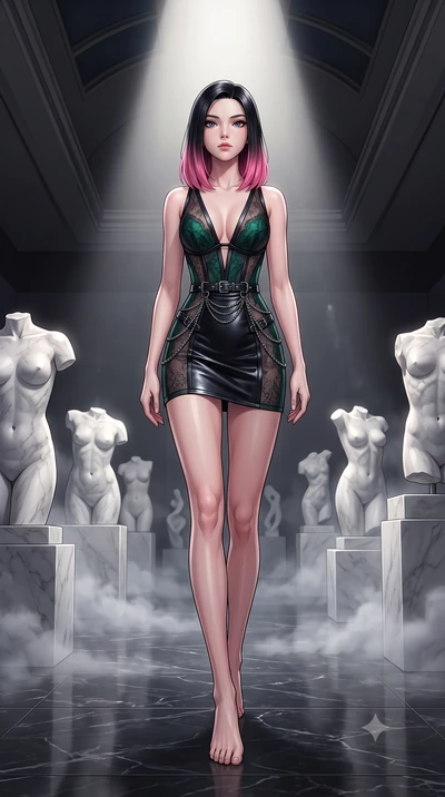 score_9, masterpiece, best quality, ultra-detailed, high-budget anime keyframe, editorial fashion photography, tasteful artistic composition, Korean woman. low angle full-body shot from head to toe showing her feet, filling the entire 9:16 vertical f