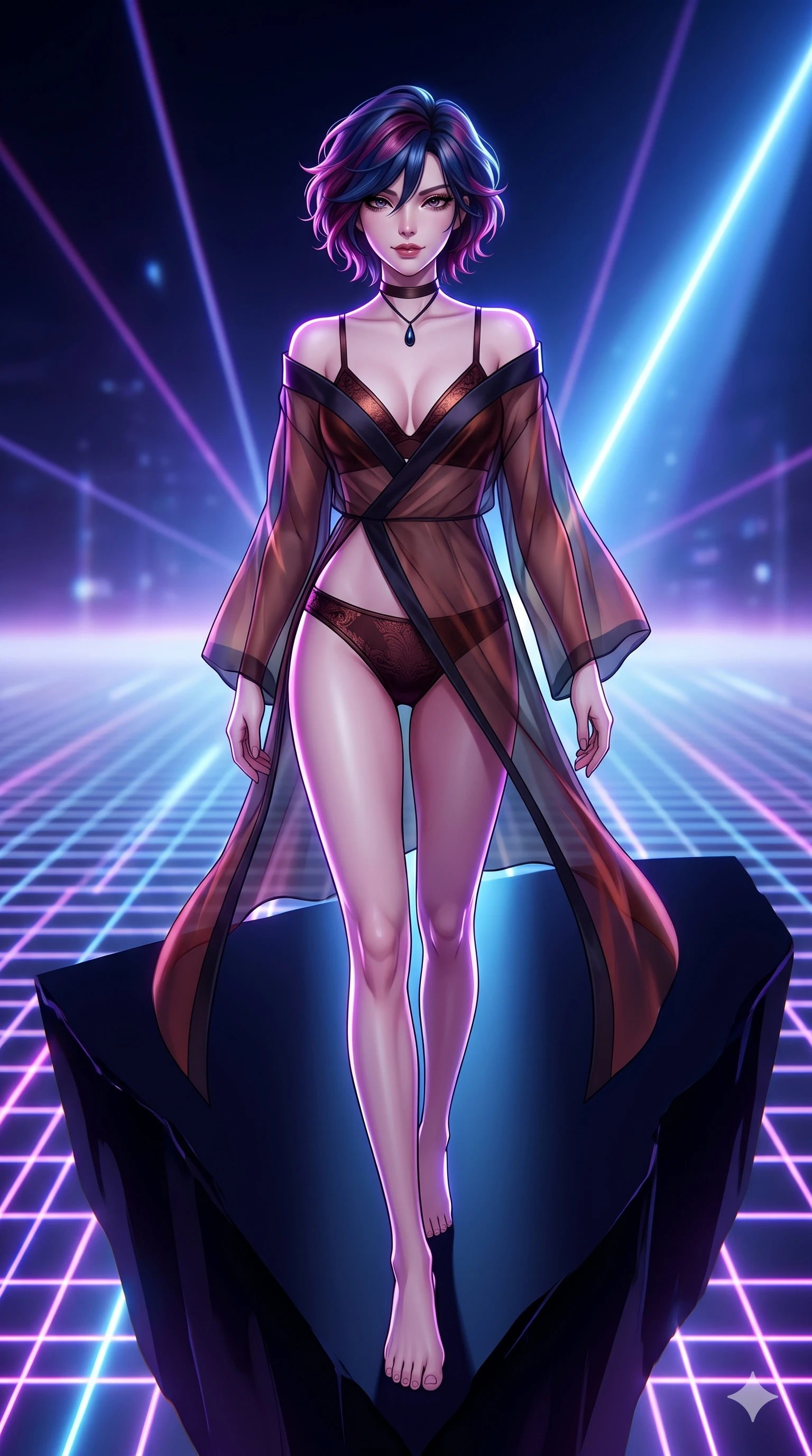 score_9, masterpiece, best quality, ultra-detailed, high-budget anime keyframe, semi-realistic 3D game render, editorial fashion photography, tasteful artistic composition, Korean woman. low angle full-body shot from head to toe showing her feet, filling the entire 9:16 vertical frame with her statuesque presence, stretching her vertical silhouette. stepping forward into the sharp laser beam, her long slender legs and curvy hips creating a sweeping vertical line while standing poised on the edge of a floating obsidian megalith suspended over an infinite neon grid, arching her back with sovereign cyberpunk grace. The background shows a soft-focus abstract cyber-space void softened in digital horizon shallow focus. She has an absolutely perfect, statuesque 8.5-heads proportion, an exceptionally tall and slender model-like female figure with impossibly long slender legs, an ultra-slim waist, a flat toned midriff, narrow delicate ribcage, and beautifully sculpted feminine hips creating a graceful, slim hourglass silhouette without any bulky heaviness. sharp v-shaped jawline, high-bridge nose, intricate jewel-like dark sparkling eyes with hypnotic seductive depth, thick curled eyelashes, glossy parted lips with a natural wine sheen, alluring bedroom-eyes with an enigmatic smoldering smile, exuding magnetic sovereign charisma and dark avant-garde glamour, flawlessly proportioned anatomical accuracy, strict slender model proportions, natural body alignment, perfectly sculpted long slender limbs, ultra-slim waistline, clean dynamic posture without body distortion. wearing a sheer gossamer organza evening kimono slipping off bare shoulders over a matching satin micro-bralette and briefs in dark burnt copper and matte black, tailored from rich silk jacquard with subtle embossed baroque patterns, finished with a minimalist dark choker and a single teardrop pendant, the precision-cut side openings and low-back scoop framing her graceful spine and the sensual sweep of her slim, toned hips. illuminated by floating neon grid upward bounce and sharp ultraviolet rim lights defining her razor-sharp jawline, narrow waist, and curvy hips. highly saturated vibrant anime colors, detailed shading with soft gradients, rich glossy textures, high-contrast stereoscopic depth, volumetric dynamic lighting, master piece, 9:16 ratio