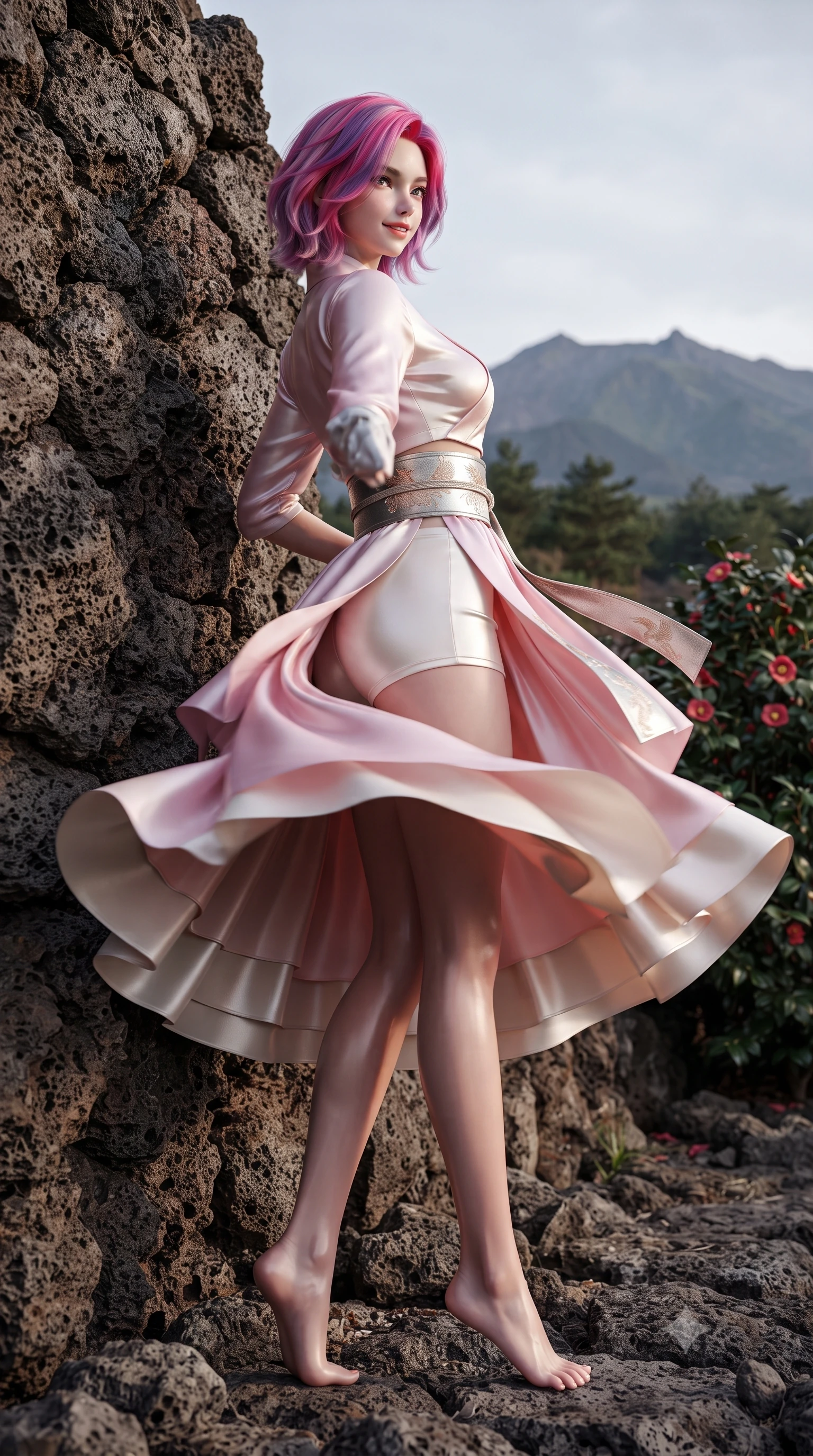 score_9, masterpiece, best quality, ultra-detailed, high-budget anime keyframe, editorial fashion photography, tasteful artistic composition, Caucasian woman. low angle full-body shot from head to toe showing her feet, filling the entire 9:16 vertical frame with her statuesque presence, stretching her vertical silhouette. executing a graceful dancer pivot turn as her layered silk chima skirt flutters around her slender legs, glancing over her shoulder with an intoxicating bedroom-gaze while leaning against a rustic basalt rock wall with hips cocked back, casting an alluring bedroom-gaze toward the distant Hallasan mountain peak. The surrounding environment is rendered in vivid detail and crisp panoramic clarity: sharp porous volcanic basalt textures, glossy camellia leaf surfaces, and red petal venation in deep focus. She has an absolutely perfect, statuesque 8.5-heads proportion, an exceptionally tall and slender model-like female figure with impossibly long slender legs, an ultra-slim waist, a flat toned midriff, narrow delicate ribcage, and beautifully sculpted feminine hips creating a graceful, slim hourglass silhouette without any bulky heaviness. sharp v-shaped jawline, high-bridge nose, intricate jewel-like dark sparkling almond eyes with depth, thick lashes, glossy parted lips with a natural rose-plum sheen, bright alluring and coquettish smile with bedroom-eyes, exuding both timeless oriental elegance and sovereign high-fashion allure, flawlessly proportioned anatomical accuracy, strict slender model proportions, natural body alignment, perfectly sculpted long slender limbs, ultra-slim waistline, clean dynamic posture without body distortion. wearing a modern tailored martial-arts-inspired wrap crop top paired with skin-tight high-cut combat shorts and silk sashes in soft cherry blossom pink and pearlescent ivory, crafted from heavy fluid silk satin with a liquid mirror-like sheen, finished with a wide metallic obi sash with intricate embroidered phoenix motifs, the glove-like silhouette tightly following the natural contour of her hips and long slender legs with youthful 8.5-heads elegance. illuminated by black stone bounce and sharp amber rim lights defining her sculpted collarbones, ultra-slim waist, and curvy hips. ultra-reflective glossy finish, specular highlights, rich textural contrasts, high-contrast stereoscopic depth, volumetric dynamic lighting, 2k, ultra detail, master piece, 9:16 ratio