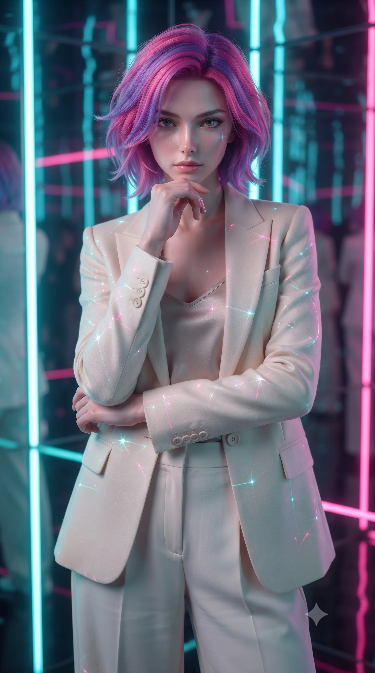 score_9, masterpiece, best quality, ultra-detailed, high-budget anime keyframe, editorial fashion photography, tasteful artistic composition, Caucasian woman woman. close-up cowboy shot from the waist and thighs up, the character dominates the composition, filling the frame with her large presence, background elements kept in soft focus. She has an exceptionally elegant, slender, and willowy female figure with an ultra-slim waist, a gracefully sculpted slender torso, and a refined silhouette. resting her chin on the back of her fingers in a thoughtful and effortless pose, flawlessly proportioned anatomical accuracy, natural body alignment, perfectly sculpted elegant limbs, clean dynamic posture without body distortion. set against a soft-focus background of a reflective mirror chamber with rotating LED light pillars. wearing a tailored cream wool blazer over an oatmeal silk camisole and wide-leg trousers. illuminated by shifting cyan and hot pink neon laser gridlines casting specular highlights. ultra-reflective glossy finish, specular highlights, metallic sheen, high-contrast stereoscopic depth, volumetric dynamic lighting, 2k, ultra detail, master piece, 9:16 ratio