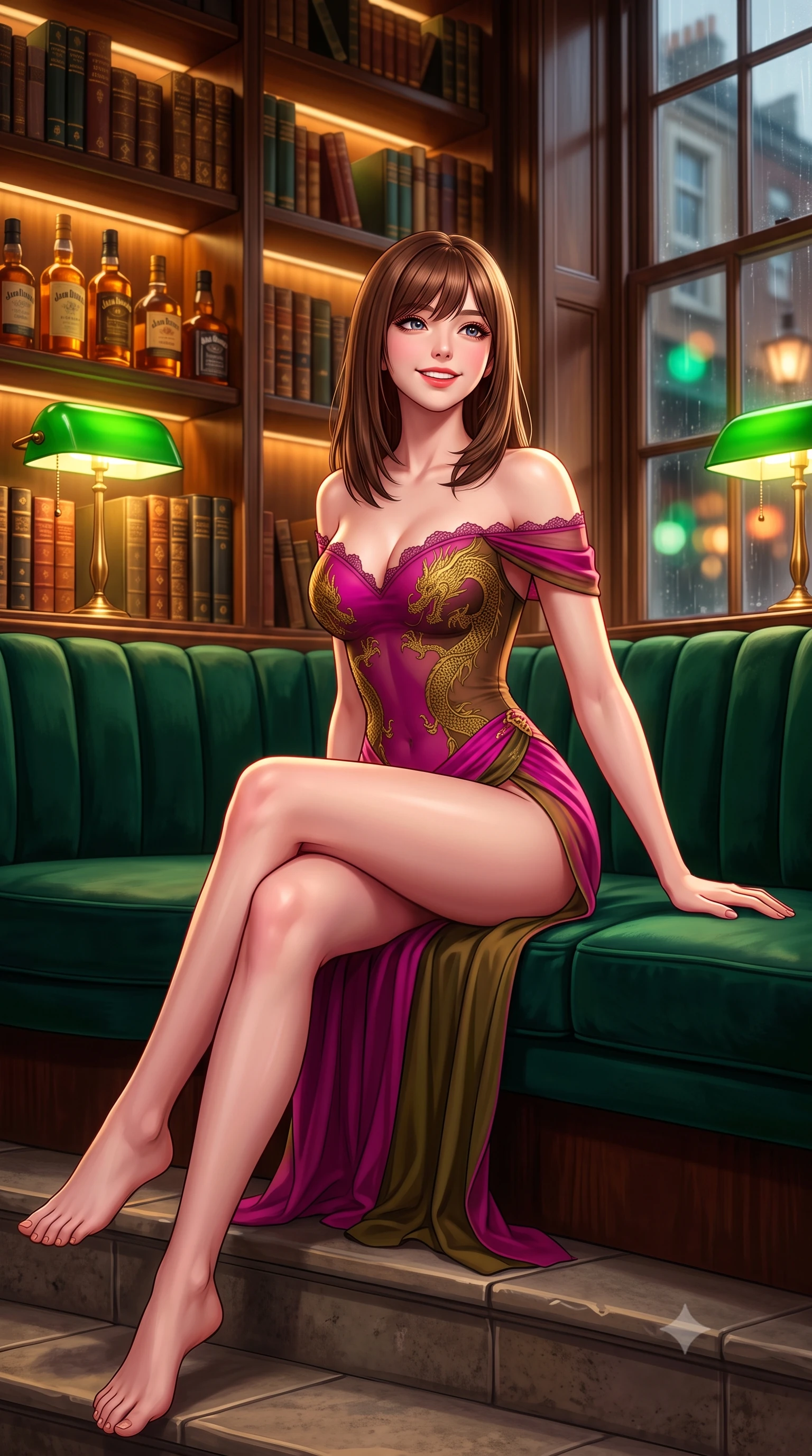 score_9, masterpiece, best quality, ultra-detailed, high-budget anime keyframe, semi-realistic 3D game render, editorial fashion photography, tasteful artistic composition, Korean woman. low angle full-body shot from head to toe showing her feet, filling the entire 9:16 vertical frame with her statuesque presence, stretching her vertical silhouette. sitting poised on the stone steps with one knee bent, arching her spine with supermodel elegance as she glances upward through thick eyelashes while reclining gracefully across the deep emerald velvet curved banquette propped on one elbow, displaying her long slender limbs and statuesque hourglass silhouette. The background shows a soft-focus leather-bound antique gilt books on soaring shelves, backlit amber liquor bottles, and rainy Mayfair streetlamps through sash windows blurred into emerald, amber, and mahogany bokeh. She has an exceptionally tall and slender model-like 8.5-heads proportion, an ultra-slim waist, a flat toned midriff, narrow delicate ribcage, and beautifully sculpted feminine hips creating a graceful, slim hourglass silhouette without any bulky heaviness, with impossibly long slender legs. sharp v-shaped jawline, high-bridge nose, intricate jewel-like sparkling eyes with depth, thick eyelashes, glossy parted lips with a natural peach sheen, bright cheerful beaming smile with an enchanting and coquettish sensual glint, exuding both youthful cute charm and seductive allure, flawlessly proportioned anatomical accuracy, strict slender model proportions, natural body alignment, perfectly sculpted long slender limbs, ultra-slim waistline, clean dynamic posture without body distortion. wearing an off-the-shoulder sheer illusion mesh evening bodysuit with gold dragon-scale embroidery contouring her hourglass waist in Ravello bougainvillea magenta and deep olive bronze, made of fluid liquid jersey with seamless sculpting hold and smooth contours, finished with scalloped eyelash lace trim framing her sweetheart neckline with intimate elegance, the high-slit wrap tailoring accentuating her ultra-slim waistline and the enchanting curve of her feminine hips with alluring seductive charm. bathed in the rich chiaroscuro 2400K incandescent warmth of green banker's lamps and concealed shelf downlights. highly saturated vibrant anime colors, detailed shading with soft gradients, rich glossy textures, high-contrast stereoscopic depth, volumetric dynamic lighting, master piece, 9:16 ratio