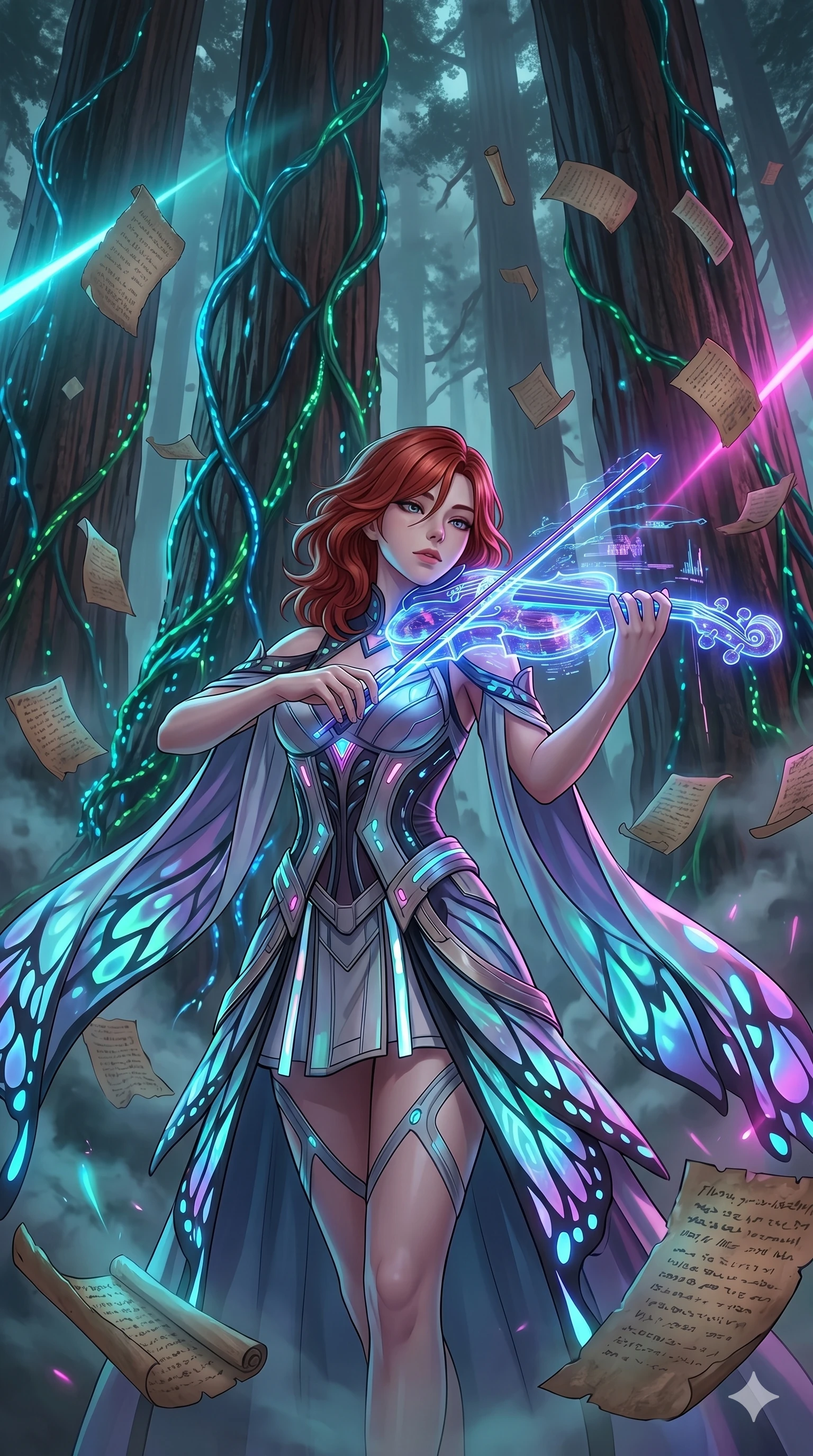 score_9, masterpiece, best quality, ultra-detailed, Set A: High-budget Anime Keyframe, Korean woman. Low angle cowboy shot filling the entire 9:16 frame with her statuesque presence. Theme: Abstract Cosmic. playing a holographic violin in a giant redwood forest with glowing vines, surrounded by a whirlwind of 53 floating ancient scrolls. The atmosphere is filled with heavy smog with neon flares. She has an absolutely perfect 8-heads proportion, an exceptionally tall and slender female figure with impossibly long slender legs and an ultra-slim waist. Sharp v-shaped jawline, high-bridge nose, intricate jewel-like eyes with depth, glossy lips. Wearing Cybernetic butterfly-theme dress with glowing wing-patterned silk capes. Cinematic lighting, vivid colors, dramatic shadows, 2k, ultra detail, master piece, 9:16 ratio