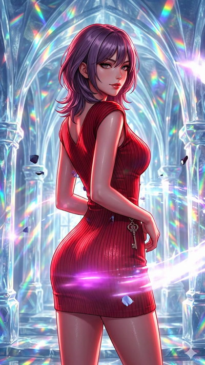 A high-budget anime video with dynamic particle motion. The digital fragments and glowing shards floating around the character pulse and flow in a fluid, circular pattern. The camera slowly zooms in with a slight tilt. Rainbow lens flares and volumet
