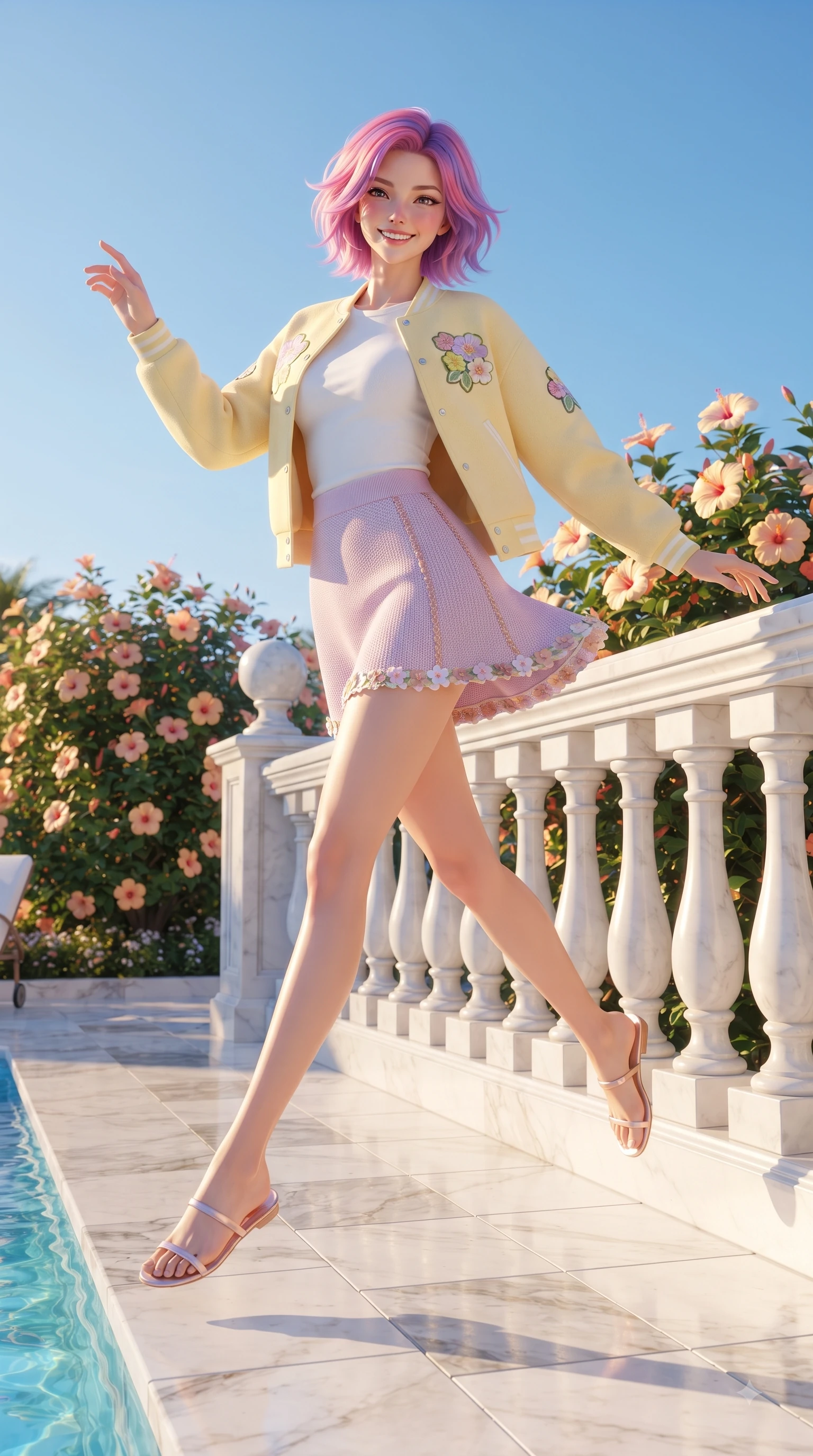 score_9, masterpiece, best quality, ultra-detailed, high-budget anime keyframe, editorial fashion photography, tasteful artistic composition, Caucasian woman. low angle full-body shot from head to toe showing her feet, filling the entire 9:16 vertical frame with her statuesque presence, stretching her vertical silhouette. leaping with pure youthful energy through the scene with a radiant bright smile, her long slender legs balanced gracefully while leaning elegantly against a white poolside balustrade as golden afternoon sunbeams highlight her figure. The surrounding environment is rendered in vivid detail and crisp panoramic clarity. detailed marble poolside tiles, blooming hibiscus flowers, and clear blue sky captured in crisp resolution. She has an absolutely perfect, statuesque 8.5-heads proportion, an exceptionally tall and slender model-like female figure with impossibly long slender legs and an ultra-slim waist. sharp v-shaped jawline, high-bridge nose, intricate jewel-like eyes with depth, thick eyelashes, glossy lips with a natural sheen, flawlessly proportioned anatomical accuracy, natural body alignment, perfectly sculpted elegant limbs, clean dynamic posture without body distortion. wearing a chic urban pastel yellow varsity jacket, fitted white tee, and tennis skirt in pastel lilac and soft rose gold, knitted from soft cozy cashmere yarn, complemented by delicate embroidered floral trim along the hem, the breezy lightweight fabric fluttering softly against her delicate frame. surrounded by an exclusive, sun-drenched, and relaxing resort atmosphere. ultra-reflective glossy finish, specular highlights, metallic sheen, high-contrast stereoscopic depth, volumetric dynamic lighting, 2k, ultra detail, master piece, 9:16 ratio