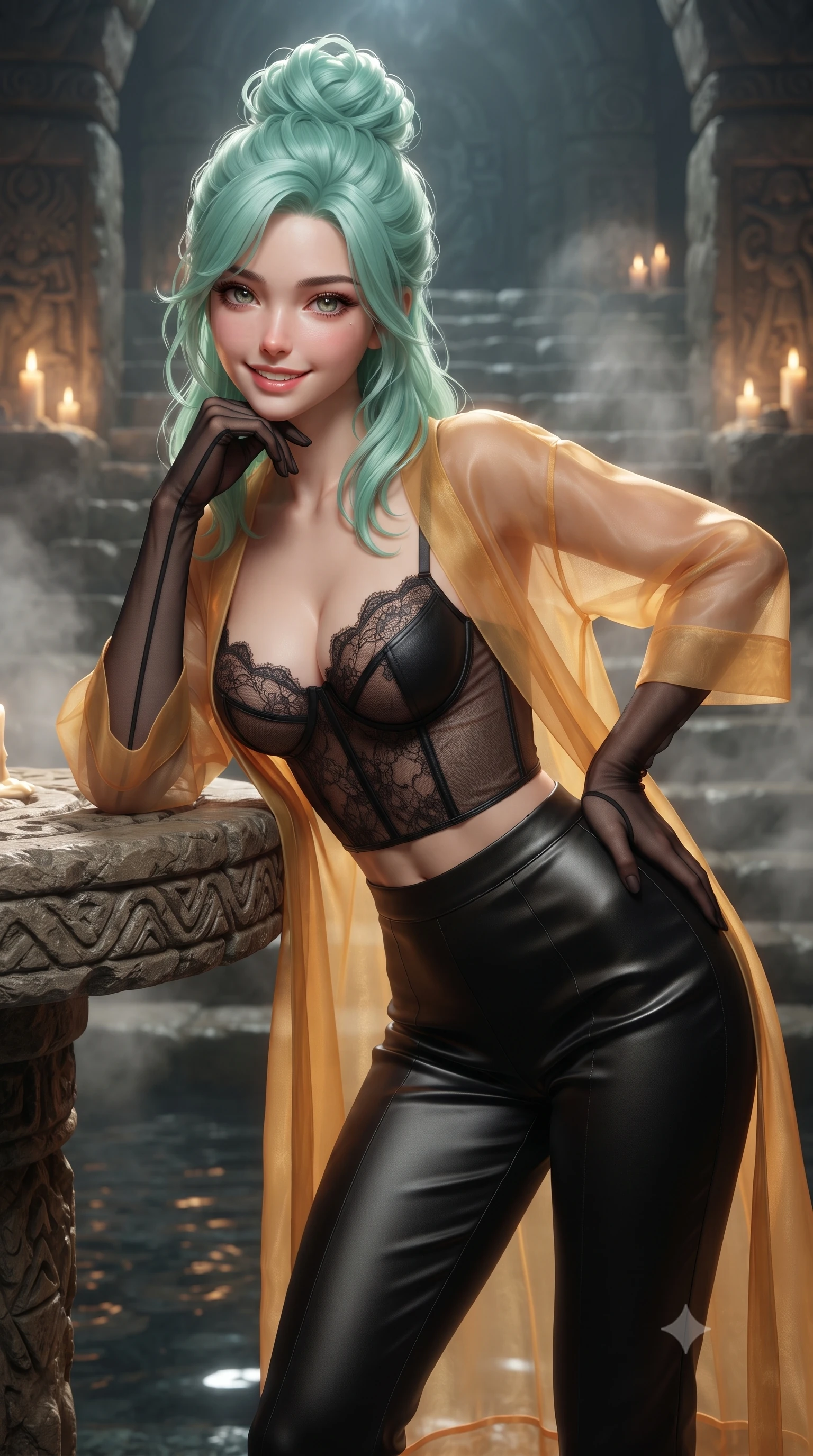 score_9, masterpiece, best quality, ultra-detailed, high-budget anime keyframe, editorial fashion photography, tasteful artistic composition, Japanese woman. close-up cowboy shot from the waist and thighs up, the character dominates the composition, filling the frame with her large presence. resting one elbow on the table and supporting her chin, leaning close to the camera with heavy-lidded sparkling eyes and parted lips while standing poised on the ancient megalithic stone steps of the subterranean spring, arching her spine with timeless siren dominance as candlelight flickers on stone carvings. The background shows a soft-focus rising thermal cavern vapor softened in mystical ancient sanctuary shallow focus. She has an exceptionally elegant, slender, and willowy female figure with an ultra-slim waist, flat toned midriff, narrow ribcage, and sculpted feminine hips creating an alluring, slim hourglass silhouette without bulk. sharp v-shaped jawline, high-bridge nose, intricate jewel-like sparkling eyes with depth, thick eyelashes, glossy parted lips with a natural peach sheen, bright cheerful beaming smile with an enchanting and coquettish sensual glint, exuding both youthful cute charm and seductive allure, flawlessly proportioned anatomical accuracy, strict slender model proportions, natural body alignment, perfectly sculpted long slender limbs, ultra-slim waistline, clean dynamic posture without body distortion. wearing a delicate translucent silk organza wrap robe worn loose over a sheer lace demi-bustier and satin tap pants in Hakone steaming sulfur amber and volcanic basalt black, woven from buttery-soft stretch lambskin leather adhering to her body like a second skin, complemented by sheer opera-length evening gloves tracing her slender arms, the second-skin tailored fabric adhering flawlessly to her sculpted flat midriff and slender torso, emphasizing her long leg lines and perfectly proportioned willowy build. illuminated by dark water mirror reflections and sharp amber-gold rim lights defining her razor-sharp jawline, narrow waist, and curvy hips. ultra-reflective glossy finish, specular highlights, rich textural contrasts, high-contrast stereoscopic depth, volumetric dynamic lighting, 2k, ultra detail, master piece, 9:16 ratio