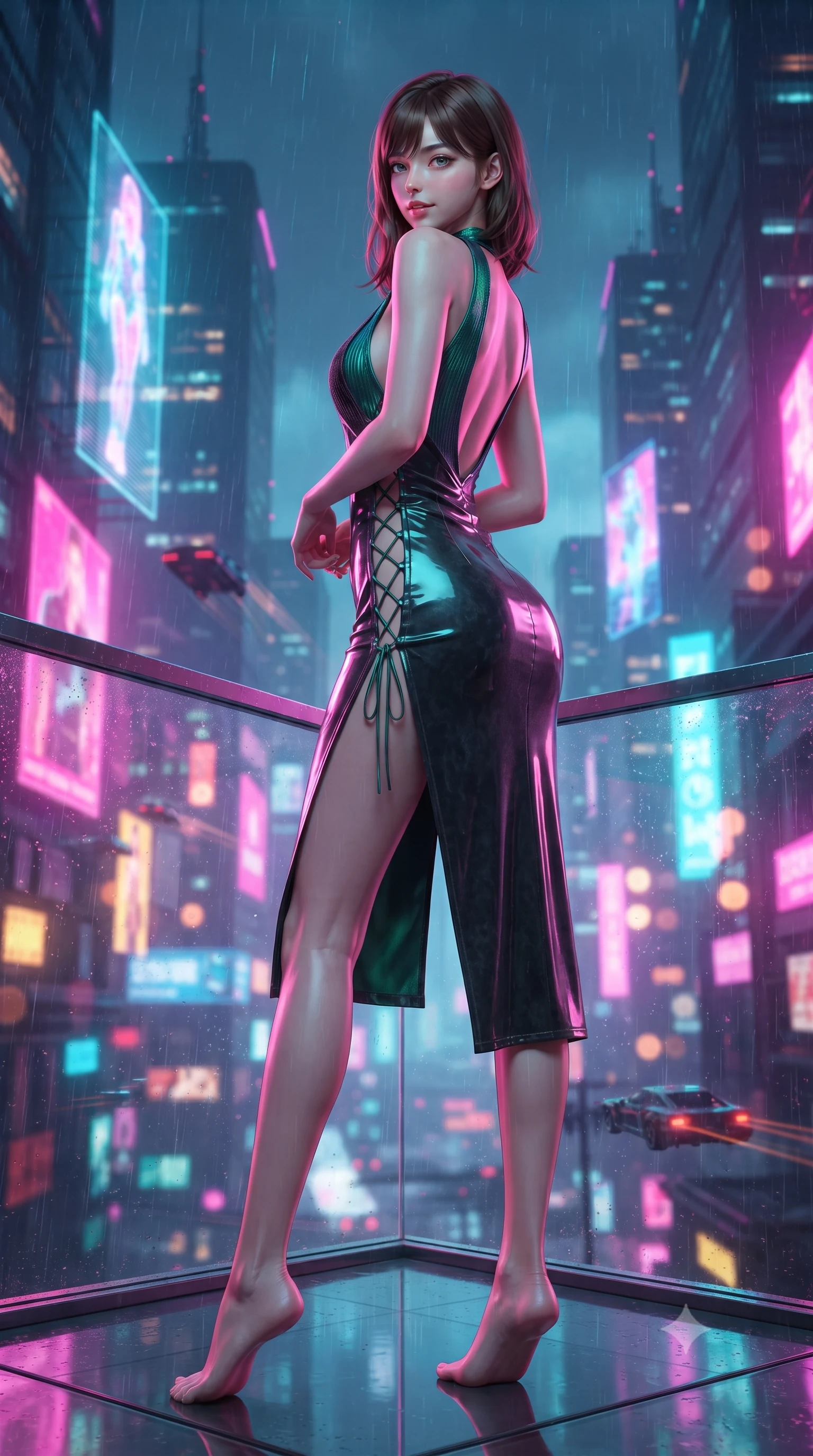 score_9, masterpiece, best quality, ultra-detailed, high-budget anime keyframe, editorial fashion photography, tasteful artistic composition, Korean woman. low angle full-body shot from head to toe showing her feet, filling the entire 9:16 vertical frame with her statuesque presence, stretching her vertical silhouette. walking along the terrace with poise, looking back over her bare shoulder with an irresistible smoldering bedroom-gaze while standing tall on the cantilevered glass terrace high above the rainy neon city, arching her back with breathless cyber-siren presence. The background shows a soft-focus monumental holographic advertising figures floating in mid-air, rainy neon skyscrapers, and flying vehicle trails blurred into electric fuchsia, cyan, and amber bokeh. She has an absolutely perfect, statuesque 8.5-heads proportion, an exceptionally tall and slender model-like female figure with impossibly long slender legs, an ultra-slim waist, a flat toned midriff, narrow delicate ribcage, and beautifully sculpted feminine hips creating a graceful, slim hourglass silhouette without any bulky heaviness. sharp v-shaped jawline, high-bridge nose, sparkling eyes with hypnotic seductive depth, thick curled eyelashes, glossy parted lips with a natural dewy peach sheen, alluring bedroom-eyes with an enchanting coquettish smile, exuding magnetic siren charisma and sophisticated glamour, flawlessly proportioned anatomical accuracy, strict slender model proportions, natural body alignment, perfectly sculpted long slender limbs, ultra-slim waistline, clean dynamic posture without body distortion. wearing a plunging V-neck rib-knit sweater dress with an open-back scoop and daring side leg slit in iridescent emerald satin and dark charcoal velvet, crafted from wet-look high-gloss vinyl fabric with dazzling specular surface reflections, featuring fine criss-cross lace-up side ties revealing tantalizing glimpses of her hip curve, the second-skin tailored fabric adhering flawlessly to her sculpted flat midriff and slender torso, emphasizing her long leg lines and perfectly proportioned willowy build. bathed in saturated dual-tone neon pink and cyan light spilling horizontally from city-scale holographic projections. ultra-reflective glossy finish, specular highlights, rich textural contrasts, high-contrast stereoscopic depth, volumetric dynamic lighting, 2k, ultra detail, master piece, 9:16 ratio