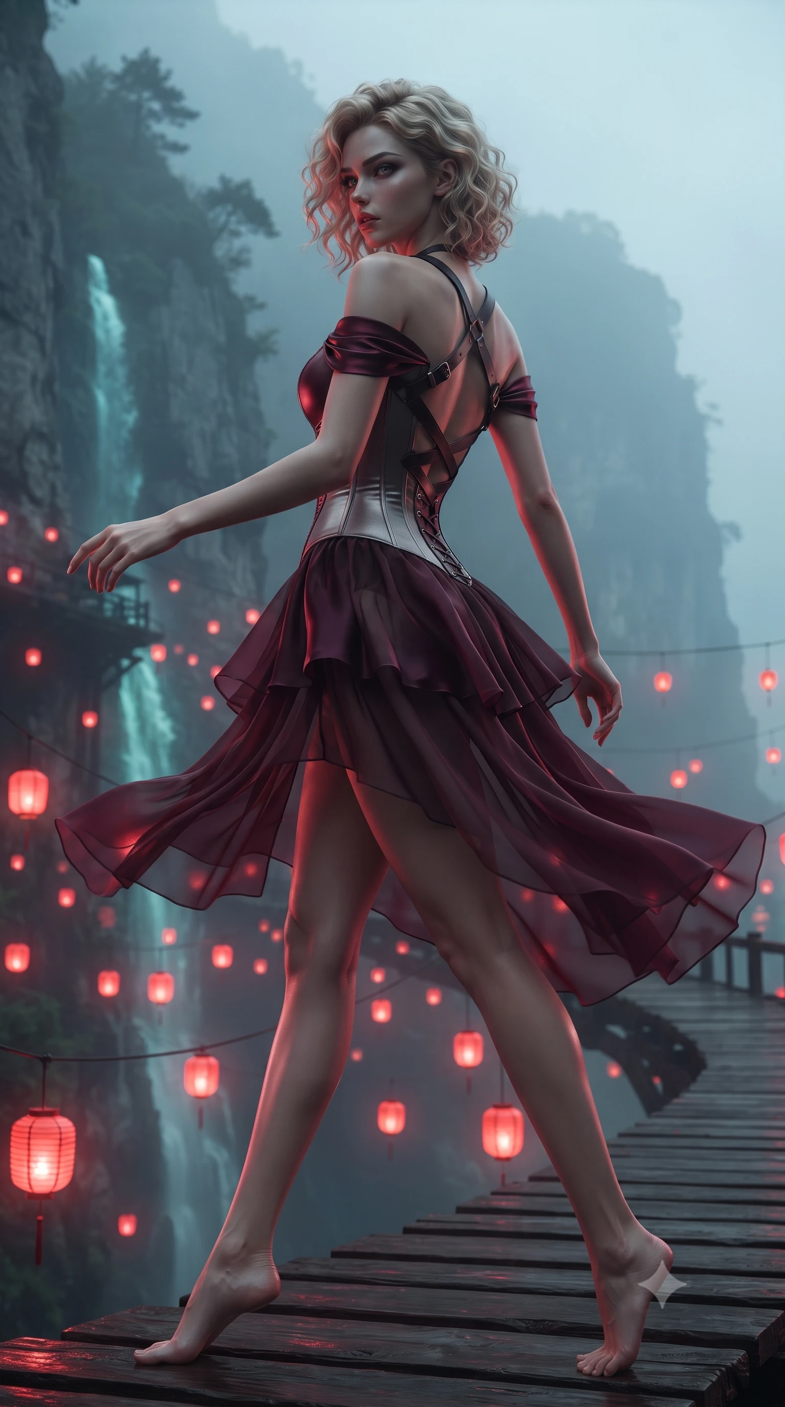 score_9, masterpiece, best quality, ultra-detailed, high-budget anime keyframe, editorial fashion photography, tasteful artistic composition, Caucasian woman. low angle full-body shot from head to toe showing her feet, filling the entire 9:16 vertical frame with her statuesque presence, stretching her vertical silhouette. executing an elegant mid-motion pivot turn as garments swirl around her slender limbs, glancing over her shoulder with an intoxicating bedroom-gaze while striding along the elevated timber skywalk clinging to the vertical cliffside, arching her back as thousands of glowing red neon lanterns illuminate the misty mountain abyss. The composition keeps background elements in soft focus with creamy bokeh. coastal mountain fog ribbons and cascading neon water plumes softened in moody cyberpunk shallow focus. She has an exceptionally tall and slender model-like 8.5-heads proportion, an ultra-slim waist, a flat toned midriff, narrow delicate ribcage, and beautifully sculpted feminine hips creating a graceful, slim hourglass silhouette without any bulky heaviness, with impossibly long slender legs. sharp v-shaped jawline, high-bridge nose, intricate jewel-like eyes with depth, thick eyelashes, glossy parted lips with a natural sheen, intensely captivating and seductive bedroom-eyes expression, flawlessly proportioned anatomical accuracy, strict slender model proportions, natural body alignment, perfectly sculpted long slender limbs, ultra-slim waistline, clean dynamic posture without body distortion. wearing an off-shoulder French court corset bodice dress paired with a tiered translucent chiffon slit skirt in deep wine burgundy and brushed dark platinum, tailored from ultra-smooth duchess satin with a pearlescent sheen, featuring an open-back criss-cross harness strap in dark leather, the second-skin form-contouring cut accentuating her sculpted flat midriff, narrow delicate ribcage, and gracefully curvy hips with supermodel precision. illuminated by wet specular timber bounce lights sculpting her razor-sharp jawline, narrow waist, and curvy hips. ultra-reflective glossy finish, specular highlights, rich textural contrasts, high-contrast stereoscopic depth, volumetric dynamic lighting, 2k, ultra detail, master piece, 9:16 ratio