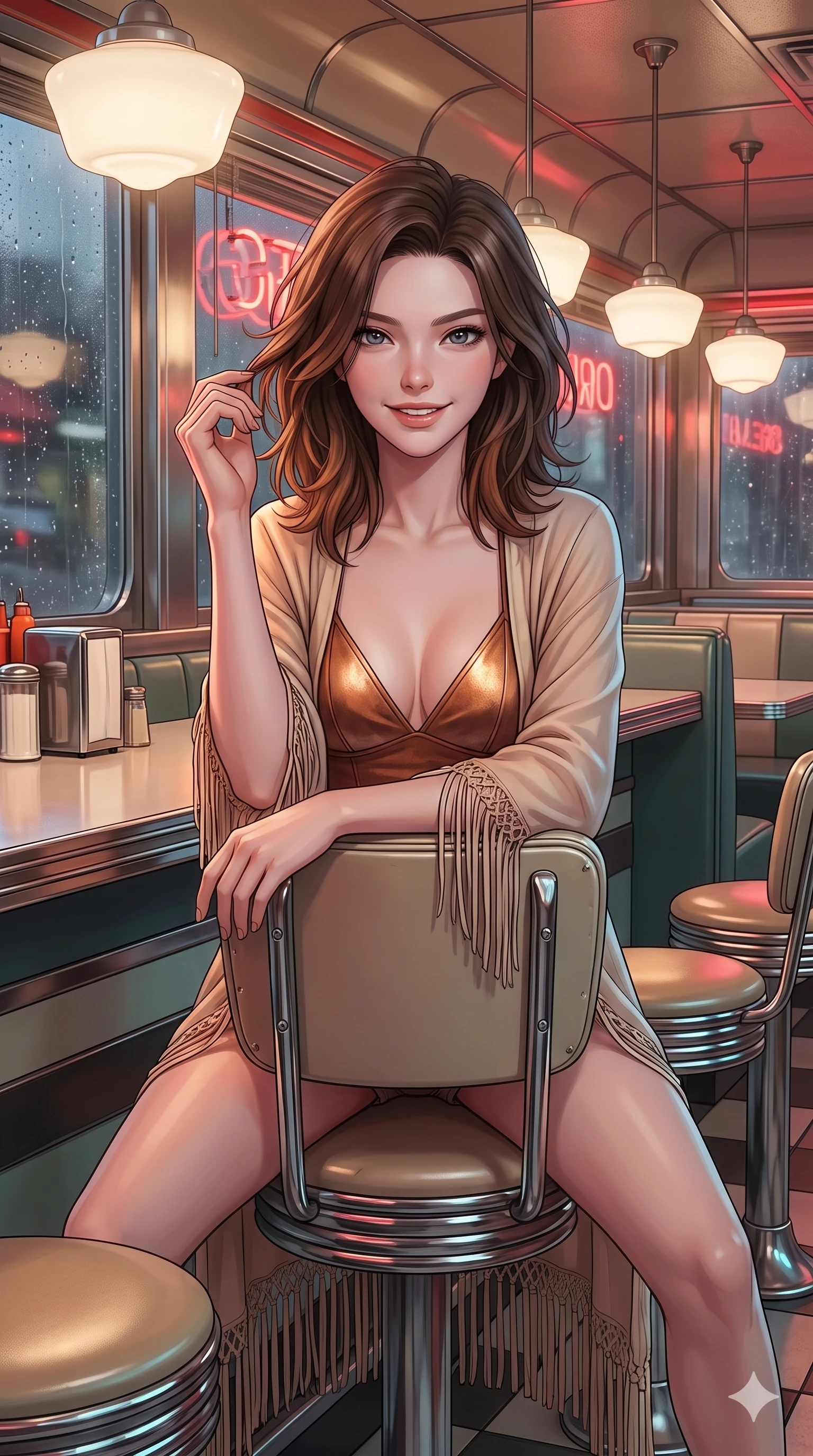 score_9, masterpiece, best quality, ultra-detailed, high-budget anime keyframe, semi-realistic 3D game render, editorial fashion photography, tasteful artistic composition, Korean woman. close-up cowboy shot from the waist and thighs up, the character dominates the composition, filling the frame with her large presence. gently brushing a lock of windblown hair behind her ear while casting a playful, flirtatious side-gaze with long eyelashes while sitting backwards on a swivel chrome counter stool with elbows resting on the counter edge, arching her lower back with flirtatious supermodel poise. The surrounding environment is rendered in vivid detail and crisp panoramic clarity: sharp vinyl button tufting seams, brushed chrome trim reflections, and glossy Formica table surface texture in deep focus. She has an exceptionally elegant, slender, and willowy female figure with an ultra-slim waist, flat toned midriff, narrow ribcage, and sculpted feminine hips creating an alluring, slim hourglass silhouette without bulk. sharp v-shaped jawline, high-bridge nose, sparkling eyes with hypnotic seductive depth, thick curled eyelashes, glossy parted lips with a natural dewy peach sheen, alluring bedroom-eyes with an enchanting coquettish smile, exuding magnetic siren charisma and sophisticated glamour, flawlessly proportioned anatomical accuracy, strict slender model proportions, natural body alignment, perfectly sculpted long slender limbs, ultra-slim waistline, clean dynamic posture without body distortion. wearing a delicate sheer chiffon western duster robe slipping off bare shoulders over a matching strappy suede bralette in molten metallic copper and radiant desert sand, made of sheer gossamer chiffon that drapes softly against skin with airy translucence, finished with a delicate leather fringe trim fluttering along her hip line with kinetic charm, the precision-cut side openings and low-back scoop framing her graceful spine and the sensual sweep of her slim, toned hips. bathed in the warm, inviting glow of hanging milk-glass pendant lamps mixed with moody red neon filtering through the rain-streaked windows. highly saturated vibrant anime colors, detailed shading with soft gradients, rich glossy textures, high-contrast stereoscopic depth, volumetric dynamic lighting, master piece, 9:16 ratio