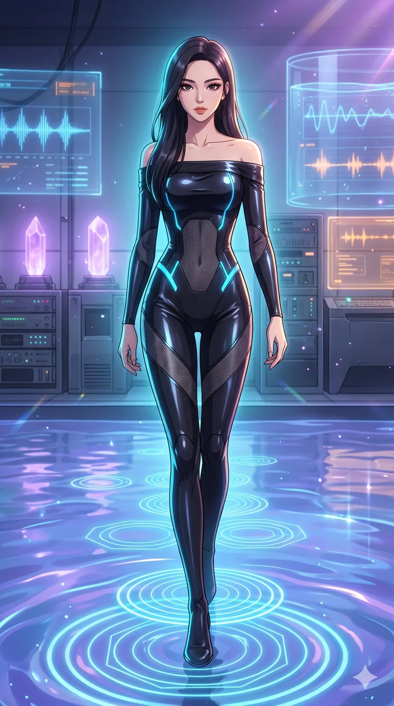 score_9, masterpiece, best quality, ultra-detailed, High-budget Anime Keyframe, vibrant colors, fluid line-art, expressive lighting, cinematic composition, Ufotable-style visual effects, top-tier animation quality, Korean woman with idol-like refined features. Medium shot from the thighs up, her commanding presence occupying two-thirds of the frame. Walking upon a surface of vibrating fluid that reacts to her every step with geometric ripples. She has an absolutely perfect 8-heads proportion, an exceptionally tall and slender female figure with impossibly long slender legs and an ultra-slim waist, her statuesque height and towering silhouette dominating the vertical 9:16 frame. Her face is a masterpiece featuring a sharp v-shaped jawline, high-bridge nose, intricate jewel-like eyes with depth, thick eyelashes, and glossy lips with a natural sheen. She is wearing a Off-shoulder tech-suit made of high-gloss synthetic fibers, featuring strategic micro-mesh panels. The scene is set in a futuristic vibration lab filled with glowing resonators and liquid displays. 2k, ultra detail, master piece, 9:16 ratio