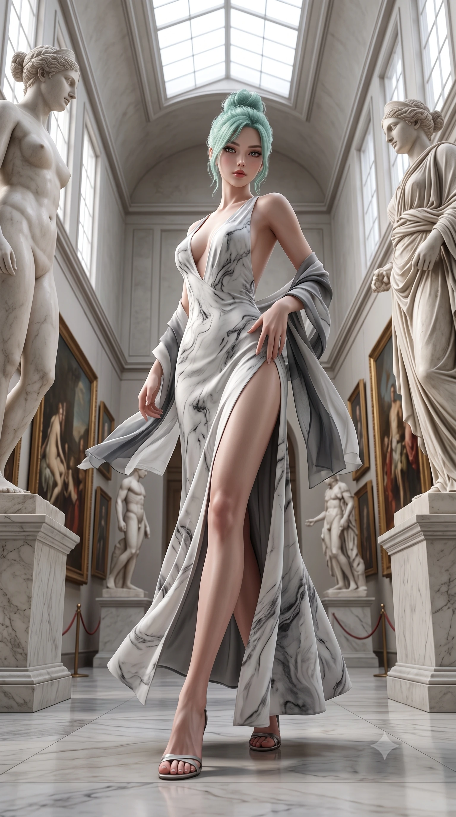 score_9, masterpiece, best quality, ultra-detailed, high-budget anime keyframe, semi-realistic 3D game render, editorial fashion photography, tasteful artistic composition, Japanese woman. low angle full-body shot from head to toe showing her feet, filling the entire 9:16 vertical frame with her statuesque presence, stretching her vertical silhouette. executing an elegant mid-motion pivot turn as garments swirl around her slender limbs, glancing over her shoulder with an intoxicating bedroom-gaze while standing poised between colossal marble statues, one hand sliding along her hip line in pure sculptural supermodel grace. The surrounding environment is rendered in vivid detail and crisp panoramic clarity. detailed anatomical sculpture contours, oil painting canvases, and natural north window light gradients in high resolution. She has an absolutely perfect, statuesque 8.5-heads proportion, an exceptionally tall and slender model-like female figure with impossibly long slender legs, a toned flat midriff, an ultra-slim waist, and beautifully sculpted feminine hips. sharp v-shaped jawline, high-bridge nose, intricate jewel-like eyes with depth, thick eyelashes, glossy parted lips with a natural sheen, intensely captivating and seductive bedroom-eyes expression, flawlessly proportioned anatomical accuracy, strict slender model proportions, natural body alignment, perfectly sculpted long slender limbs, ultra-slim waistline, clean dynamic posture without body distortion. wearing a plunging-V neckline marble-print silk gown with open side slits ascending to the high hip in plaster chalk white and charcoal grey, tailored from liquid silk jersey adhering like living marble to her slender build, complemented by a breezy silk chiffon shawl draped loosely over her elbows, the form-contouring material adhering flawlessly to her sculpted flat midriff and slender torso, emphasizing her long leg lines and perfectly proportioned willowy build. bathed in dramatic natural north skylight streaming through cathedral windows. highly saturated vibrant anime colors, detailed shading with soft gradients, rich glossy textures, high-contrast stereoscopic depth, volumetric dynamic lighting, master piece, 9:16 ratio