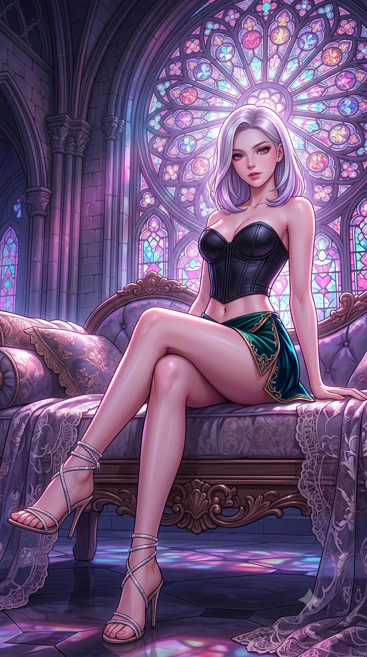 score_9, masterpiece, best quality, ultra-detailed, high-budget anime keyframe, semi-realistic 3D game render, editorial fashion photography, tasteful artistic composition, Caucasian woman. low angle full-body shot from head to toe showing her feet, filling the entire 9:16 vertical frame with her statuesque presence, stretching her vertical silhouette. lounging on the lavish daybed with legs crossed and hips angled toward the camera, displaying her toned midriff and long slender limbs with effortless siren poise while twisting her slender torso in an alluring contrapposto stance, multicolored moonlight from the giant rose window tracing her hourglass curves. The surrounding environment is rendered in vivid detail and crisp panoramic clarity: detailed sheer mesh lace leotard weave, sparkling diamond earrings, and monumental gothic masonry in razor-sharp precision. She has an absolutely perfect, statuesque 8.5-heads proportion, an exceptionally tall and slender model-like female figure with impossibly long slender legs, an ultra-slim waist, a flat toned midriff, narrow delicate ribcage, and beautifully sculpted feminine hips creating a graceful, slim hourglass silhouette without any bulky heaviness. sharp v-shaped jawline, high-bridge nose, sparkling eyes with hypnotic seductive depth, thick curled eyelashes, glossy parted lips with a natural dewy peach sheen, alluring bedroom-eyes with an enchanting coquettish smile, exuding magnetic siren charisma and sophisticated glamour, flawlessly proportioned anatomical accuracy, strict slender model proportions, natural body alignment, perfectly sculpted long slender limbs, ultra-slim waistline, clean dynamic posture without body distortion. wearing a structured Victorian boned leatherette corset bodice paired with an ultra-short micro-wrap velvet mini skirt in deep emerald velvet and dark sapphire with gold filigree, tailored from fine structural neoprene with crisp architectural edges and smooth contouring, complemented by strappy stiletto sandals with crystal ankle wraps accentuating her slender calves, the form-contouring silhouette accentuating her sculpted flat midriff, narrow delicate ribcage, and gracefully curvy hips with intoxicating allure. bathed in ethereal jewel-toned moonlight filtering through the colossal stained-glass rose window. highly saturated vibrant anime colors, detailed shading with soft gradients, rich glossy textures, high-contrast stereoscopic depth, volumetric dynamic lighting, master piece, 9:16 ratio