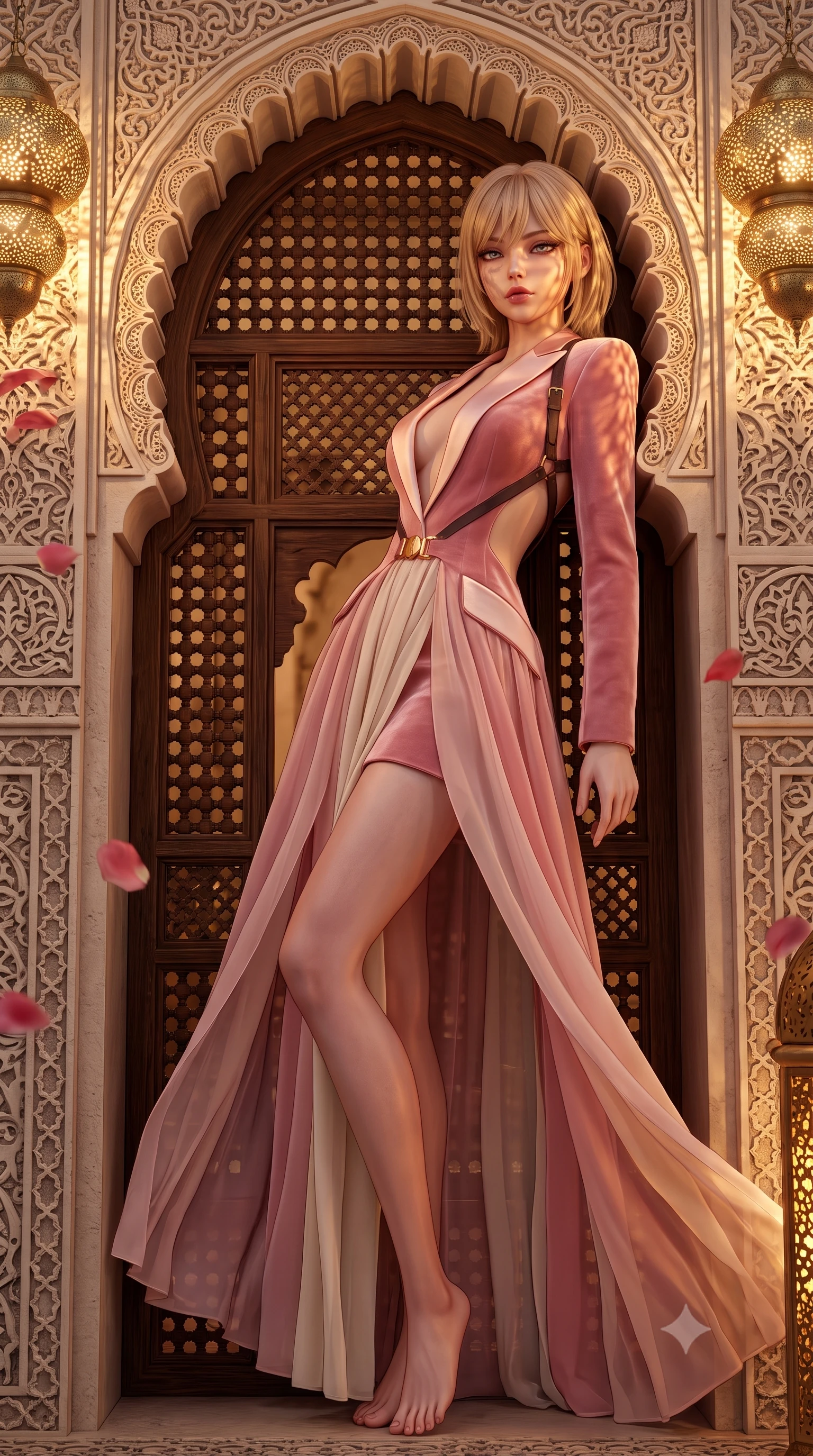score_9, masterpiece, best quality, ultra-detailed, high-budget anime keyframe, semi-realistic 3D game render, editorial fashion photography, tasteful artistic composition, Japanese woman. low angle full-body shot from head to toe showing her feet, filling the entire 9:16 vertical frame with her statuesque presence, stretching her vertical silhouette. leaning deep against the structural architecture with hips cocked in an unapologetically bold, seductive high-fashion stance while leaning back against an intricately carved stucco archway with hips cocked, casting a mysterious, sultry bedroom-gaze through carved wooden mashrabiya screens. The surrounding environment is rendered in vivid detail and crisp panoramic clarity. detailed silk caftan sheen, floating rose petal textures, and Moroccan architectural filigree in high resolution. She has an exceptionally tall and slender model-like 8.5-heads proportion, an ultra-slim waist, a flat toned midriff, narrow delicate ribcage, and beautifully sculpted feminine hips creating a graceful, slim hourglass silhouette without any bulky heaviness, with impossibly long slender legs. sharp v-shaped jawline, high-bridge nose, intricate jewel-like eyes with depth, thick eyelashes, glossy parted lips with a natural sheen, intensely captivating and seductive bedroom-eyes expression, flawlessly proportioned anatomical accuracy, strict slender model proportions, natural body alignment, perfectly sculpted long slender limbs, ultra-slim waistline, clean dynamic posture without body distortion. wearing a tailored velvet tuxedo jacket dress with satin lapels, worn with a deep plunge neckline and gold hip buckle in sakura blossom pink and warm ivory, woven from layered gossamer chiffon with a weightless sweeping drape, featuring an open-back criss-cross harness strap in dark leather, the liquid-tight tailored fabric clinging flawlessly to her narrow waist and rounded feminine hips, emphasizing every millimeter of her sculpted slim hourglass curves without any bulky heaviness. bathed in warm golden candlelight filtering through pierced brass lamps creating delicate lace-like shadow patterns. highly saturated vibrant anime colors, detailed shading with soft gradients, rich glossy textures, high-contrast stereoscopic depth, volumetric dynamic lighting, master piece, 9:16 ratio