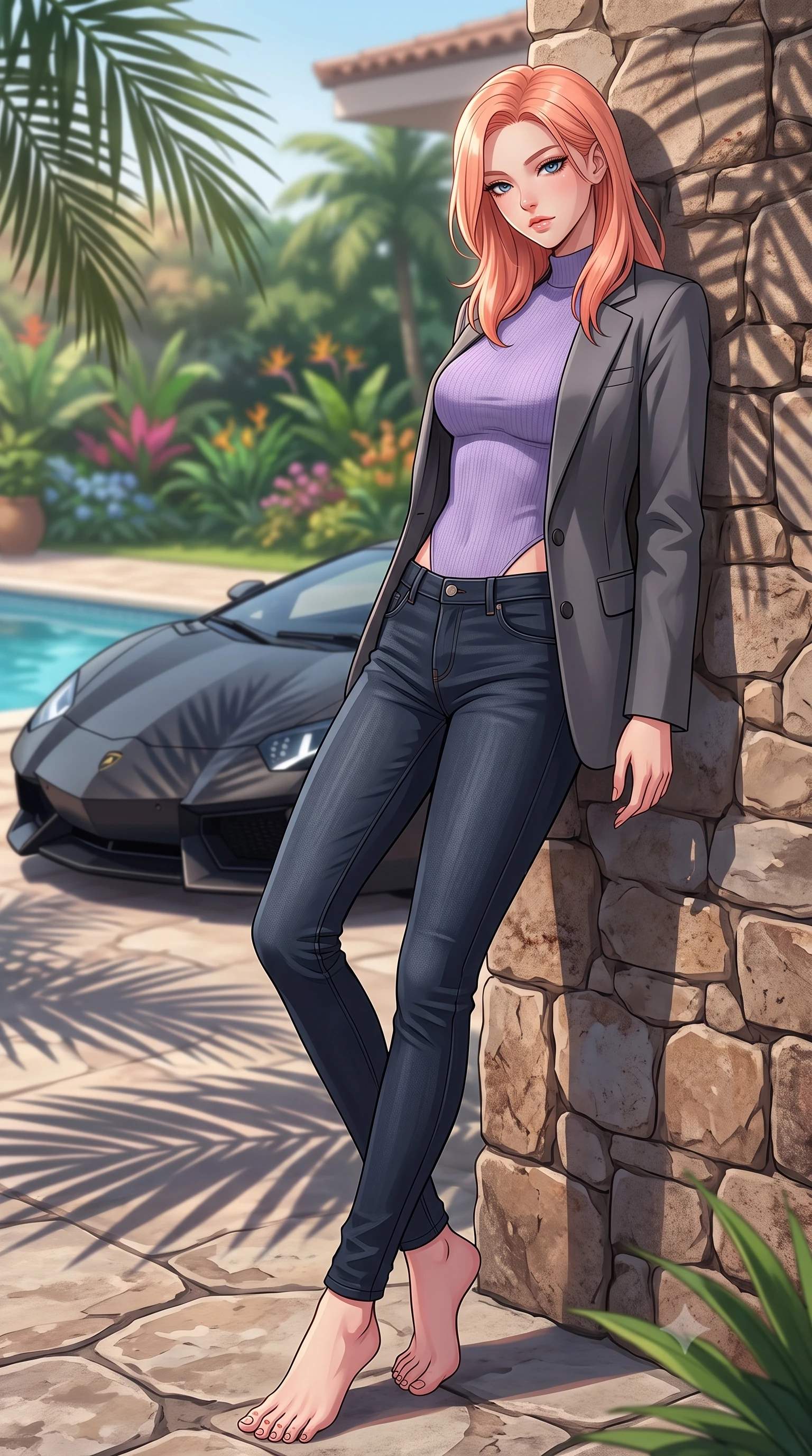 score_9, masterpiece, best quality, ultra-detailed, high-budget anime keyframe, tasteful artistic composition, Japanese woman. low angle full-body shot from head to toe showing her feet, filling the entire 9:16 vertical frame with her statuesque presence, stretching her vertical silhouette. leaning back against a rustic stone wall, casting a slow, alluring gaze at the camera the background shows a soft-focus a luxury villa pool deck with a parked supercar overlooking a tropical garden. She has an absolutely perfect, statuesque 8.5-heads proportion, an exceptionally tall and slender model-like female figure with impossibly long slender legs and an ultra-slim waist. sharp v-shaped jawline, high-bridge nose, intricate jewel-like eyes with depth, thick eyelashes, glossy lips with a natural sheen. wearing a tailored tight-fitting lavender knit bodysuit worn under a tailored open blazer and jeans. soft morning sunrays casting elegant shadows of palm leaves across the car. highly saturated vibrant anime colors, cel-shading, 2d style, master piece, 9:16 ratio