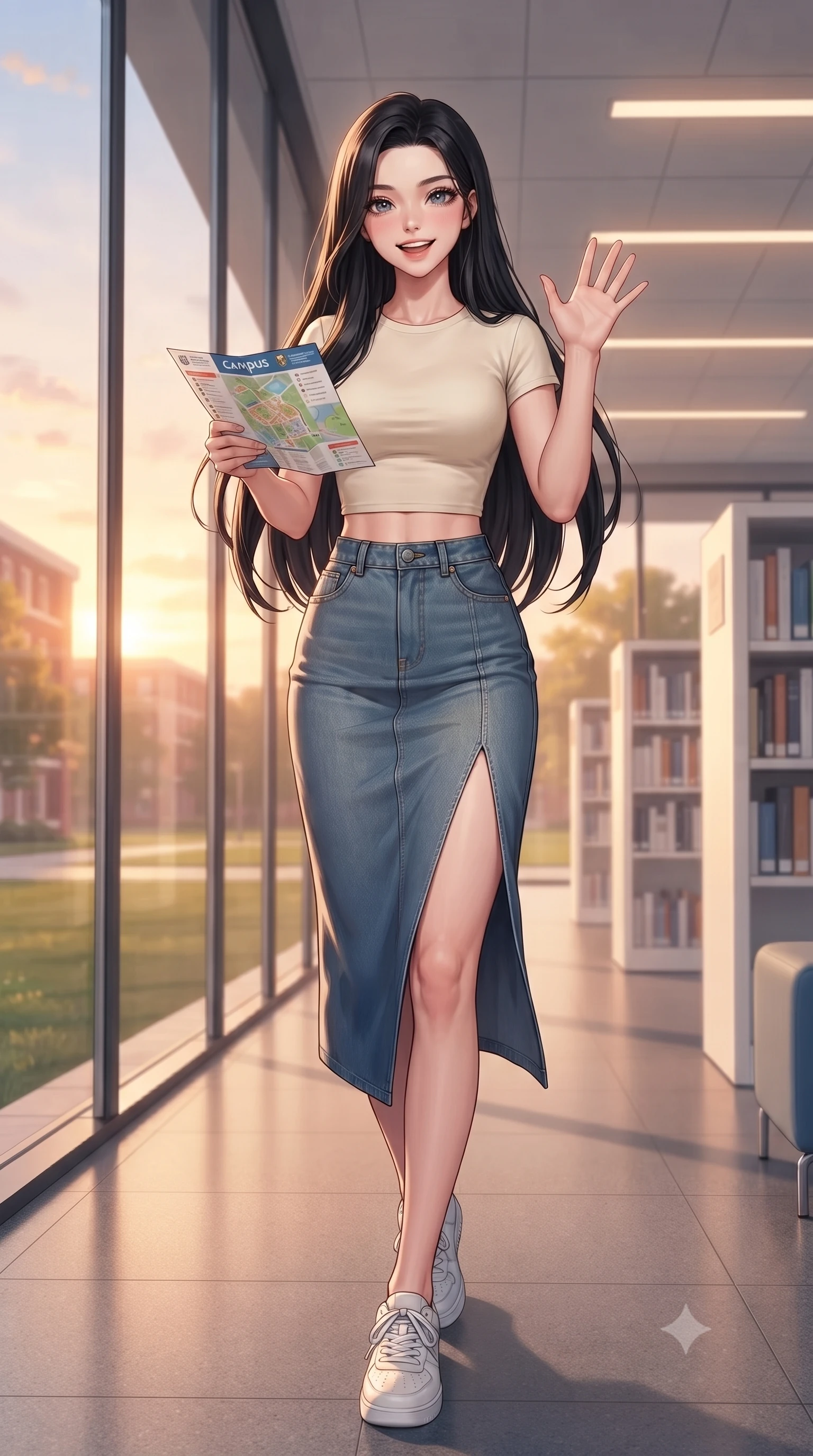 score_9, masterpiece, best quality, ultra-detailed, high-budget anime keyframe, editorial fashion photography, tasteful artistic composition, Korean woman. low angle full-body shot from head to toe showing her feet, filling the entire 9:16 vertical frame with her statuesque presence, stretching her vertical silhouette. stepping forward with a bright, cheerful smile, waving happily at the viewer set against a soft-focus background of inside a modern university library lounge with floor-to-ceiling glass windows and white bookshelves looking at a campus map brochure with a cheerful, curious look. She has an absolutely perfect, statuesque 8.5-heads proportion, an exceptionally tall and slender model-like female figure with impossibly long slender legs and an ultra-slim waist. sharp v-shaped jawline, high-bridge nose, intricate jewel-like eyes with depth, thick eyelashes, glossy lips with a natural sheen. wearing slim-fit modern crop top tee in cream, paired with a high-slit denim midi skirt. golden hour sunset light casting a peaceful, cozy orange wash across the lawns. highly saturated vibrant anime colors, detailed shading with soft gradients, rich glossy textures, high-contrast stereoscopic depth, volumetric dynamic lighting, master piece, 9:16 ratio