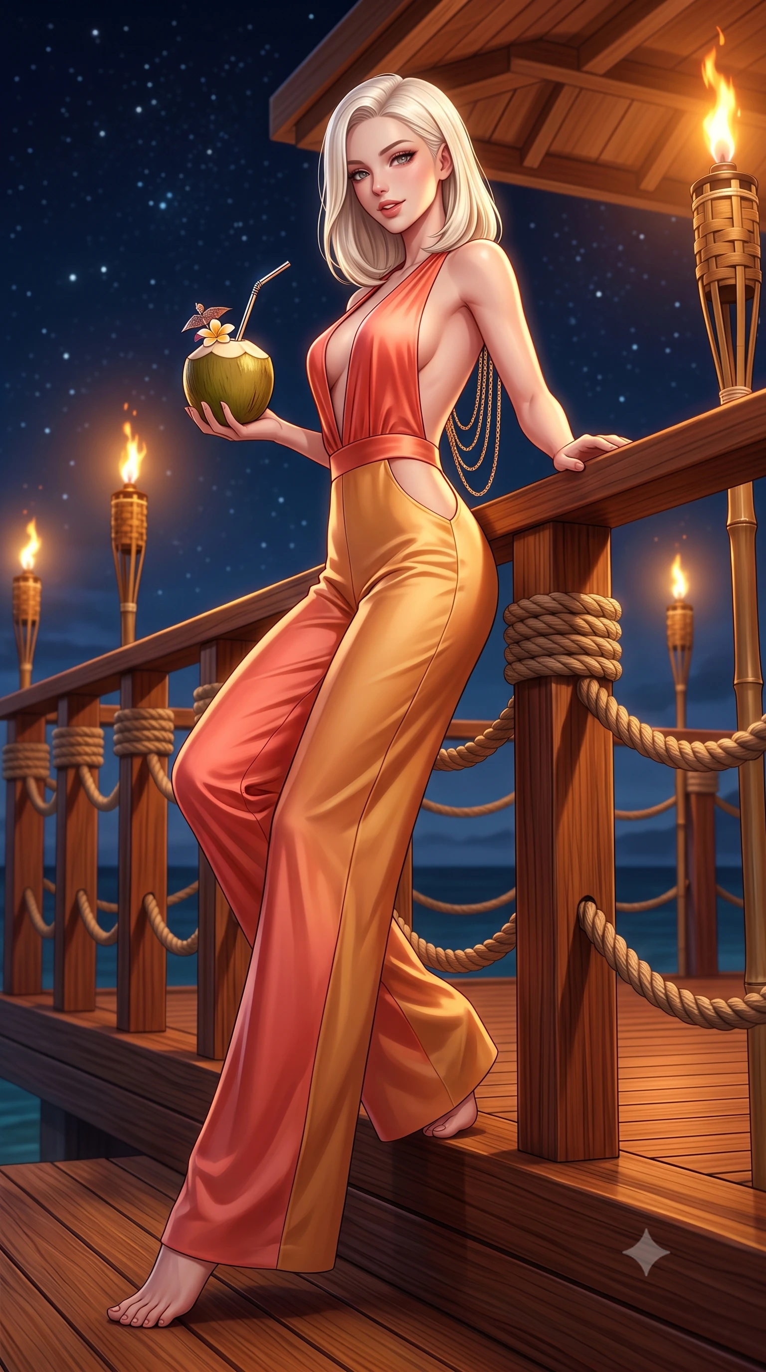 score_9, masterpiece, best quality, ultra-detailed, high-budget anime keyframe, semi-realistic 3D game render, editorial fashion photography, tasteful artistic composition, Caucasian woman. low angle full-body shot from head to toe showing her feet, filling the entire 9:16 vertical frame with her statuesque presence, stretching her vertical silhouette. leaning deep against the balcony balustrade with hips cocked back in an unapologetically alluring high-fashion stance, casting an intoxicating glance while sitting perched on the edge of the floating platform with legs extended, holding a fresh coconut elixir with an alluring, parted-lip smile. The surrounding environment is rendered in vivid detail and crisp panoramic clarity: sharp teak wood plank grain, thick natural manila rope fibers, and flickering torch bamboo joints in deep focus. She has an absolutely perfect, statuesque 8.5-heads proportion, an exceptionally tall and slender model-like female figure with impossibly long slender legs, an ultra-slim waist, a flat toned midriff, narrow delicate ribcage, and beautifully sculpted feminine hips creating a graceful, slim hourglass silhouette without any bulky heaviness. sharp v-shaped jawline, high-bridge nose, sparkling eyes with hypnotic seductive depth, thick curled eyelashes, glossy parted lips with a natural dewy peach sheen, alluring bedroom-eyes with an enchanting coquettish smile, exuding magnetic siren charisma and sophisticated glamour, flawlessly proportioned anatomical accuracy, strict slender model proportions, natural body alignment, perfectly sculpted long slender limbs, ultra-slim waistline, clean dynamic posture without body distortion. wearing a backless plunge-front silk satin jumpsuit with fluid wide-leg silhouette and side hip cutouts in Bali tropical frangipani coral and warm honey, tailored from fine structural neoprene with crisp architectural edges and smooth contouring, accented with an open-back drape framed by falling strands of delicate gold chains, the liquid-tight tailored fabric clinging flawlessly to her narrow waist and rounded feminine hips, emphasizing every millimeter of her sculpted slim hourglass curves without any bulky heaviness. bathed in the rich dynamic golden-orange glow of real outdoor bamboo oil torches combined with celestial starlight. highly saturated vibrant anime colors, detailed shading with soft gradients, rich glossy textures, high-contrast stereoscopic depth, volumetric dynamic lighting, master piece, 9:16 ratio