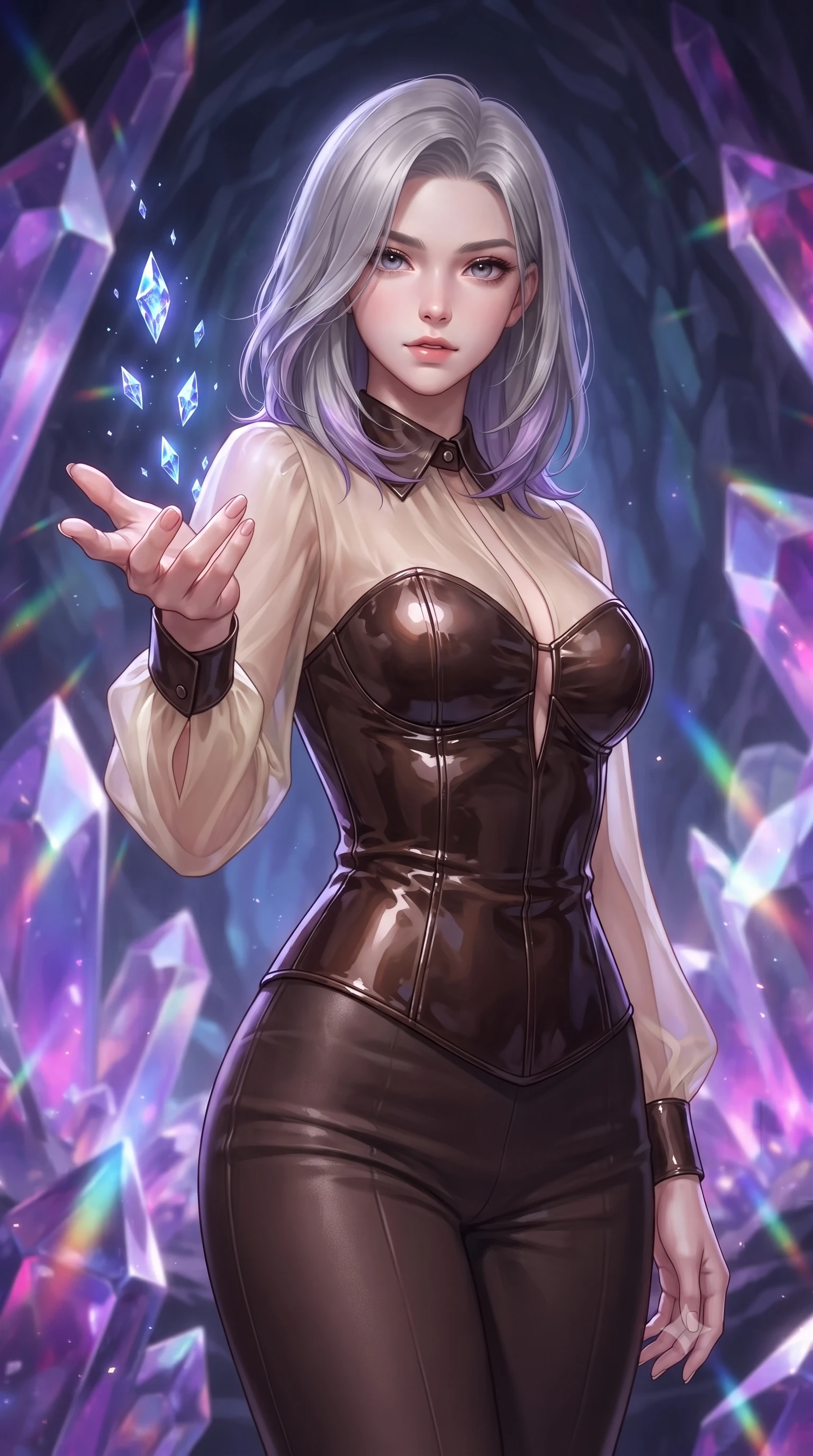 score_9, masterpiece, best quality, ultra-detailed, high-budget anime keyframe, editorial fashion photography, tasteful artistic composition, Caucasian woman. close-up cowboy shot from the waist and thighs up, the character dominates the composition, filling the frame with her large presence, background elements kept in soft focus. Reaching one hand gracefully toward the viewer with effortless superiority and allure guiding floating sapphire light crystals inside a deep mineral sanctuary, massive violet and magenta crystal facets scattering prismatic light rays. She has an exceptionally elegant, slender, and willowy female figure with an ultra-slim waist, a gracefully sculpted slender torso, and a refined silhouette. sharp v-shaped jawline, high-bridge nose, intricate jewel-like eyes with depth, thick eyelashes, glossy lips with a natural sheen. wearing a tailored leather bustier over a sheer silk chiffon blouse in espresso brown and warm cream, tailored from high-gloss patent leather, accented with a Tasteful chest slit framing her clavicle gracefully, the form-contouring material highlighting her ultra-slim waist and long lines. surrounded by a cool jewel-toned luminescence with bright specular rim lights. highly saturated vibrant anime colors, detailed shading with soft gradients, rich glossy textures, high-contrast stereoscopic depth, volumetric dynamic lighting, master piece, 9:16 ratio