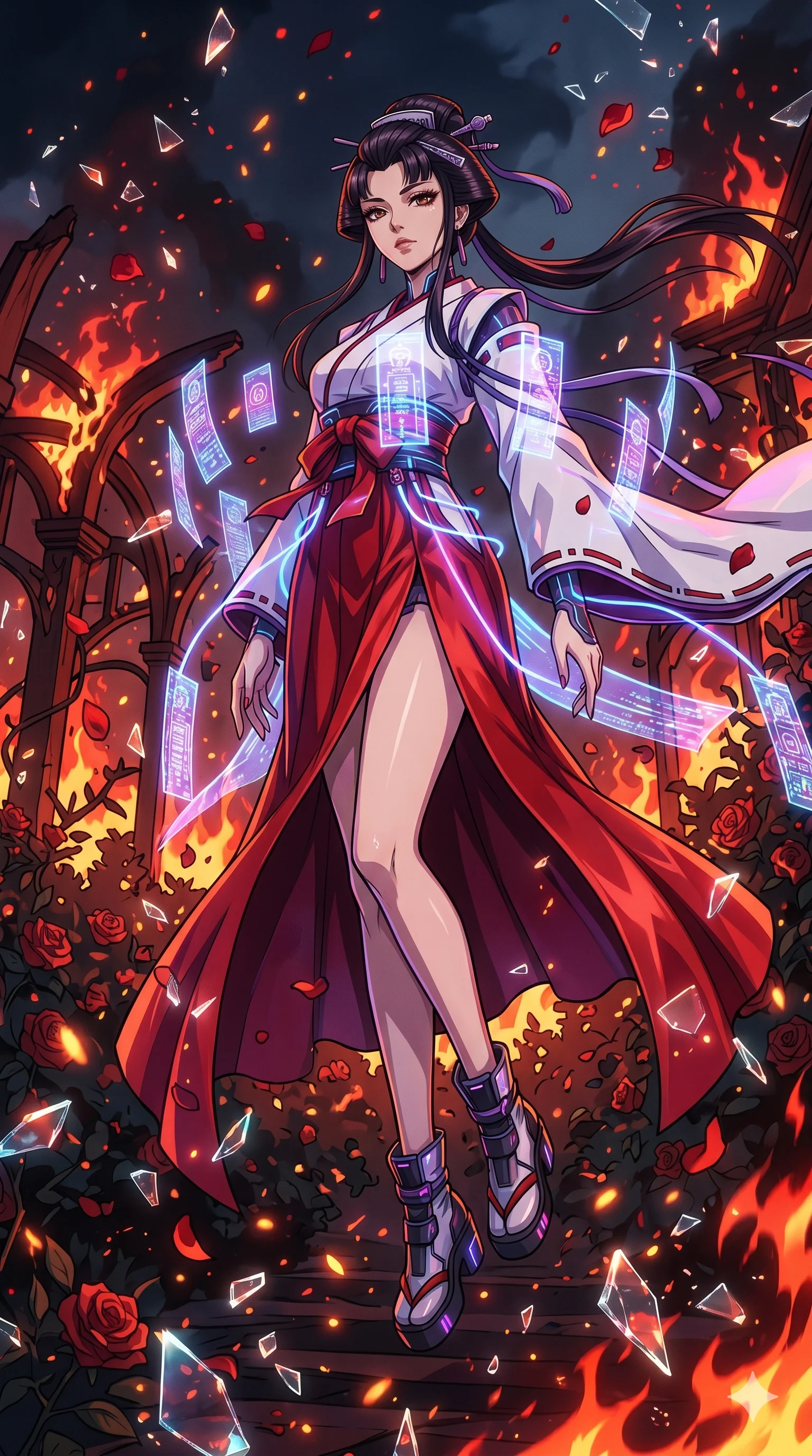 score_9, masterpiece, best quality, ultra-detailed, Set A: High-budget Anime Keyframe, Japanese woman. Low angle cowboy shot filling the entire 9:16 frame with her statuesque presence. Floating through a burning rose garden, as gravity fails and everything around her floats in state 136 and surrounded by shattered glass fragments. She has an absolutely perfect 8-heads proportion, an exceptionally tall and slender female figure with impossibly long slender legs and an ultra-slim waist. Sharp v-shaped jawline, high-bridge nose, intricate jewel-like eyes with depth, thick eyelashes, glossy lips with a natural sheen. Wearing Cyber-miko outfit with holographic paper charms and a high-slit red silk skirt. Cinematic lighting, vibrant colors, dramatic shadows, 2k, ultra detail, master piece, 9:16 ratio