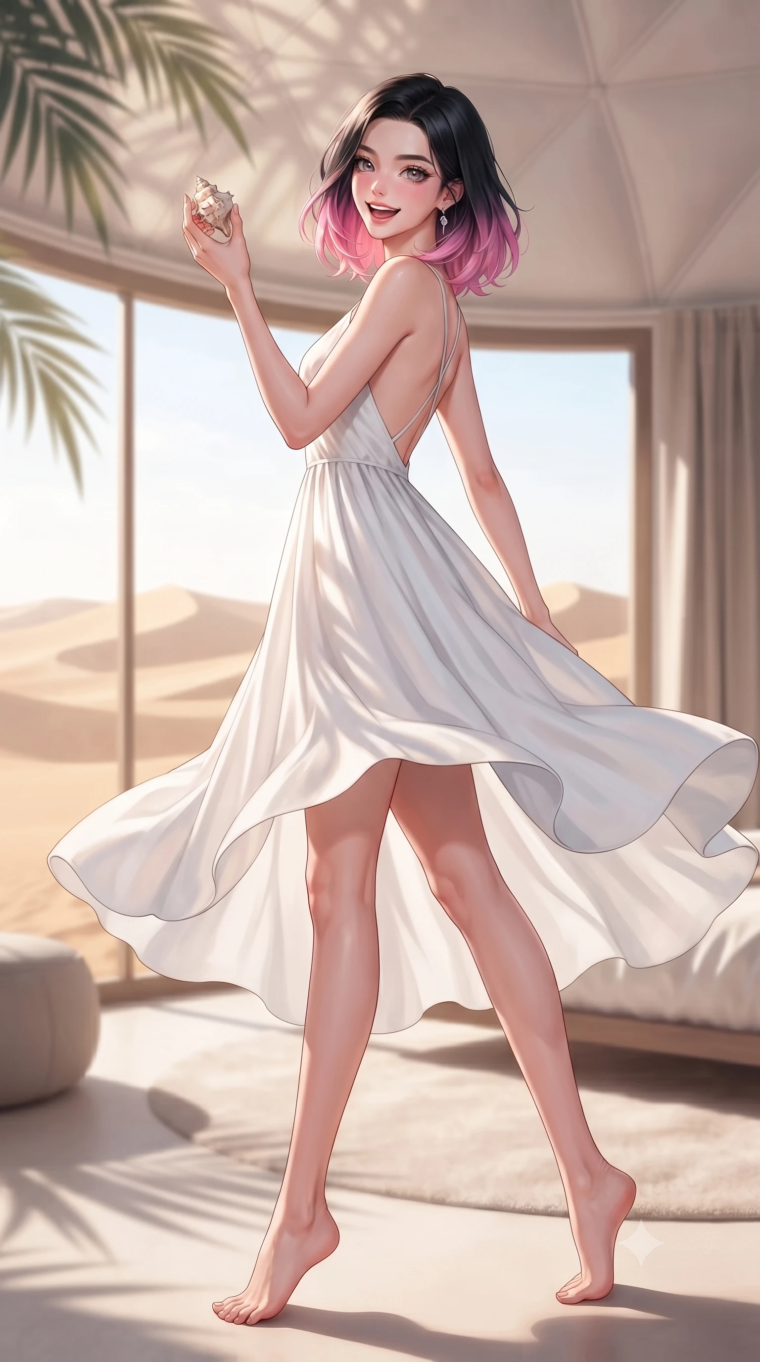 score_9, masterpiece, best quality, ultra-detailed, high-budget anime keyframe, editorial fashion photography, tasteful artistic composition, Korean woman. low angle full-body shot from head to toe showing her feet, filling the entire 9:16 vertical frame with her statuesque presence, stretching her vertical silhouette. twirling around with a playful, sensual laugh, her dress fluttering elegantly to accent her waistline set against a soft-focus background of inside a luxury dome resort room with a large panoramic window showing sand dunes holding a small seashell with a happy, cute expression. She has an absolutely perfect, statuesque 8.5-heads proportion, an exceptionally tall and slender model-like female figure with impossibly long slender legs and an ultra-slim waist. sharp v-shaped jawline, high-bridge nose, intricate jewel-like eyes with depth, thick eyelashes, glossy lips with a natural sheen. wearing form-contouring backless cotton sundress in white, featuring delicate straps and a long flowing skirt. soft afternoon sunbeams filtering through the palm leaves, casting gentle shadows. highly saturated vibrant anime colors, detailed shading with soft gradients, rich glossy textures, high-contrast stereoscopic depth, volumetric dynamic lighting, master piece, 9:16 ratio