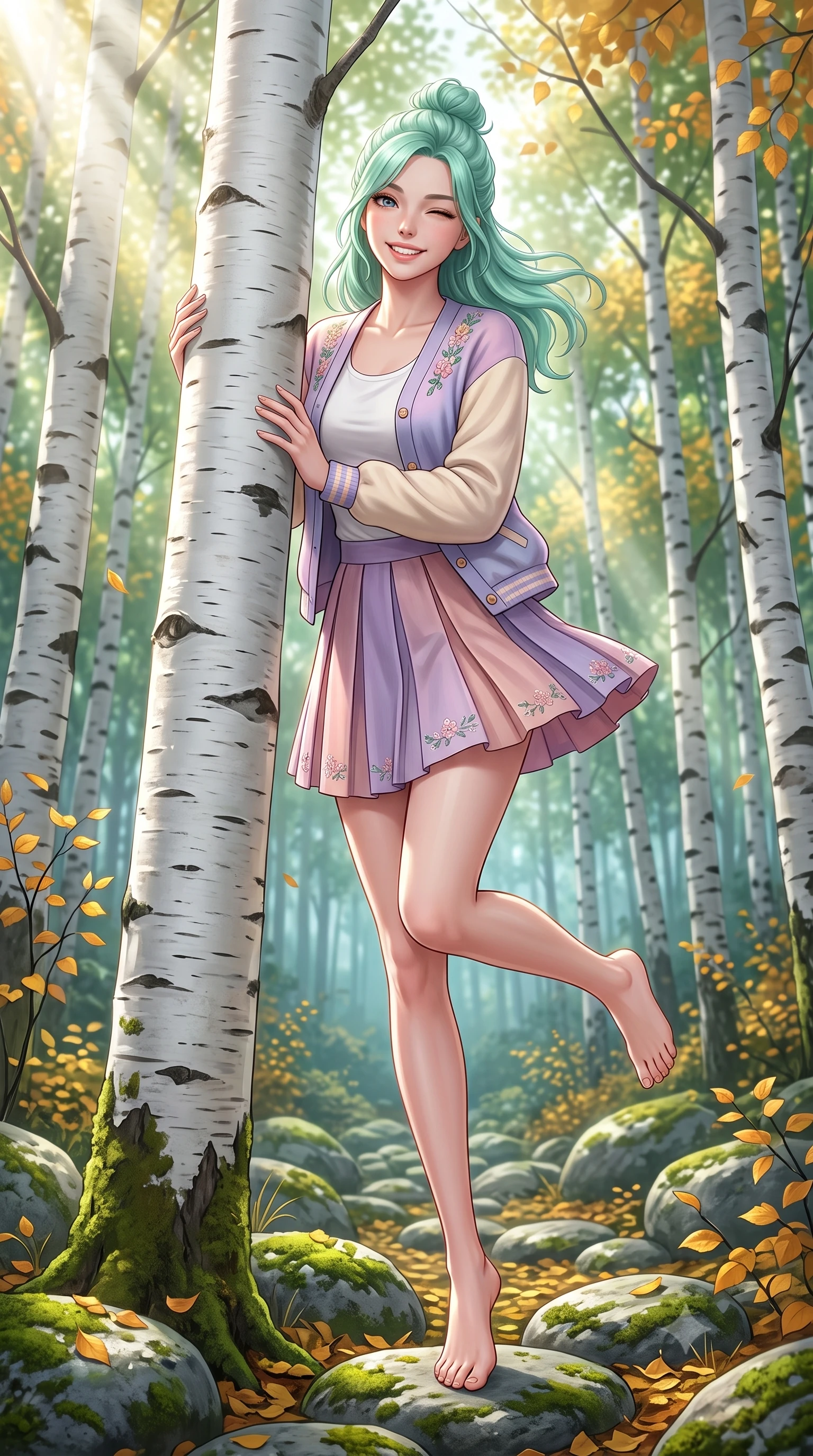 score_9, masterpiece, best quality, ultra-detailed, high-budget anime keyframe, semi-realistic 3D game render, editorial fashion photography, tasteful artistic composition, Japanese woman. low angle full-body shot from head to toe showing her feet, filling the entire 9:16 vertical frame with her statuesque presence, stretching her vertical silhouette. leaping with lighthearted youthful energy across the natural path with a dazzling bright smile and balanced athletic poise while peeking playfully from behind a smooth white birch tree trunk with a charming wink and infectious bright smile. The surrounding environment is rendered in vivid detail and crisp panoramic clarity. mossy river stones, fallen autumn-gold birch leaves, and panoramic forest glades rendered in crisp clarity. She has an absolutely perfect, statuesque 8.5-heads proportion, an exceptionally tall and slender model-like female figure with impossibly long slender legs, a toned flat midriff, and an ultra-slim waist. sharp v-shaped jawline, high-bridge nose, intricate jewel-like eyes with depth, thick eyelashes, glossy lips with a natural sheen, pure and lovely fresh girlhood expression, flawlessly proportioned anatomical accuracy, strict slender model proportions, natural body alignment, perfectly sculpted long slender limbs, ultra-slim waistline, clean dynamic posture without body distortion. wearing a chic pastel varsity cardigan over a simple white scoop-neck tee and a pleated mini skirt in subtle lilac violet and soft rose gold, crafted from soft breathable linen that flutters gently in the breeze, complemented by subtle floral embroidery along the neckline and hem, the relaxed yet flattering fit accentuating her naturally graceful and slender figure, highlighting her youthful charm and lovely silhouette. bathed in heavenly volumetric sunbeams piercing through the dense birch canopy. highly saturated vibrant anime colors, detailed shading with soft gradients, rich glossy textures, high-contrast stereoscopic depth, volumetric dynamic lighting, master piece, 9:16 ratio