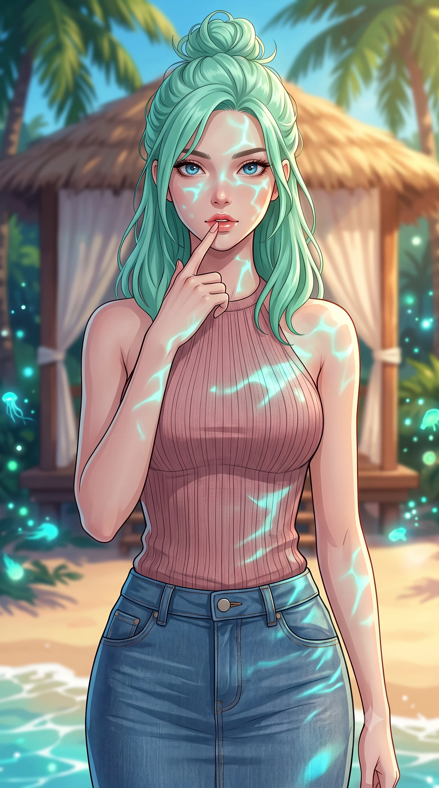 score_9, masterpiece, best quality, ultra-detailed, high-budget anime keyframe, tasteful artistic composition, Japanese woman. close-up cowboy shot from the waist and thighs up, the character dominates the composition, filling the frame with her large presence, background elements kept in soft focus. pressing one finger to her bottom lip in a thoughtful, seductive gesture under the warm sun the background shows a soft-focus a secluded beachside cabana surrounded by palm trees and glowing sea plankton. She has an exceptionally elegant, slender, and willowy female figure with an ultra-slim waist, a gracefully sculpted slender torso, and a refined silhouette. sharp v-shaped jawline, high-bridge nose, intricate jewel-like eyes with depth, thick eyelashes, glossy lips with a natural sheen. wearing a tailored form-fitting ribbed knit halter top in dusty rose, paired with a tight-fitting denim skirt. shifting turquoise light reflections from the water surface mapping across her features. highly saturated vibrant anime colors, cel-shading, 2d style, master piece, 9:16 ratio