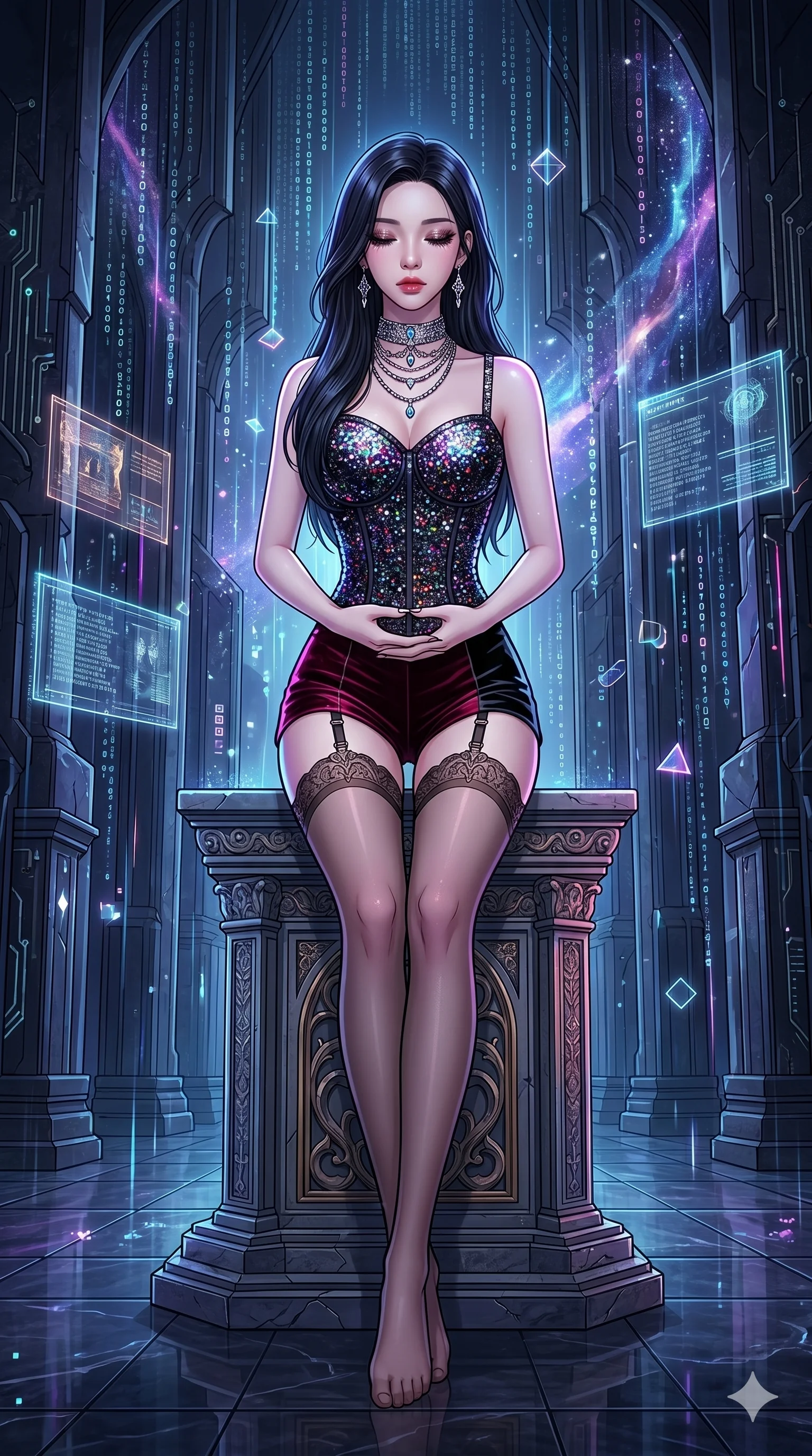 score_9, masterpiece, best quality, ultra-detailed, high-budget anime movie keyframe, cinematic anime lighting, intricate line art, Korean woman. Dynamic full-body shot stretching the vertical silhouette across the 9:16 frame. meditating peacefully in a gothic obsidian tower with holographic rain. She has an absolutely perfect 8-heads proportion, an exceptionally tall and slender female figure with an ultra-slim waist and impossibly long slender legs. sharp v-shaped jawline, high-bridge nose, intricate jewel-like eyes, thick eyelashes, glossy lips. Wearing luxurious K-pop idol stage outfit featuring a sparkling sequined corset, high-cut velvet shorts, and sheer silk stockings with garter belts, accessorized with crystal chokers. The scene is illuminated by dramatic atmospheric lighting and vibrant color palettes. , 2k, ultra detail, master piece, 9:16 ratio