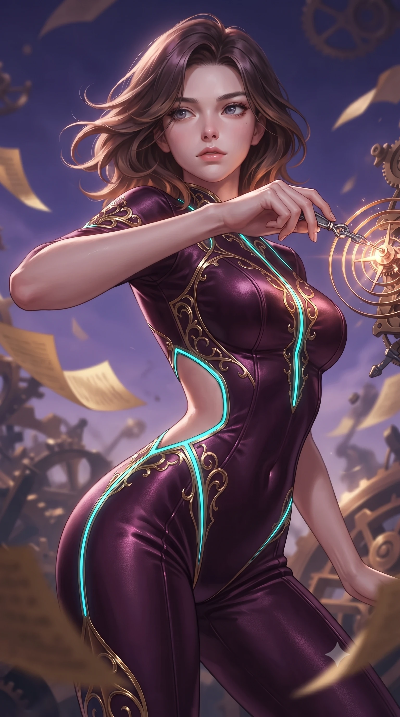 score_9, masterpiece, best quality, ultra-detailed, high-budget anime keyframe, editorial fashion photography, tasteful artistic composition, Korean woman. close-up cowboy shot from the waist and thighs up, the character dominates the composition, filling the frame with her large presence, background elements kept in soft focus. Gazing past the lens with composed intensity as her torso curves dynamically in mid-motion while reaching forward to adjust a glowing clockwork spring wire in a storm of gear parts, golden paper manuscript pages fluttering around her in a dynamic tempest breeze. She has an exceptionally elegant, slender, and willowy female figure with an ultra-slim waist, a gracefully sculpted slender torso, and a refined silhouette. sharp v-shaped jawline, high-bridge nose, intricate jewel-like eyes with depth, thick eyelashes, glossy lips with a natural sheen, flawlessly proportioned anatomical accuracy, natural body alignment, perfectly sculpted elegant limbs, clean dynamic posture without body distortion. wearing a skin-tight cybernetic bodysuit with glowing neon seams and side cutouts in plum purple and gold filigree, made of premium stretch velvet with a rich sheen, featuring clean architectural cutouts along her slender torso, the tailored fabric tightly following every curve of her athletic build. surrounded by a contrast of deep violet sky and radiant bronze mechanical light. ultra-reflective glossy finish, specular highlights, metallic sheen, high-contrast stereoscopic depth, volumetric dynamic lighting, 2k, ultra detail, master piece, 9:16 ratio