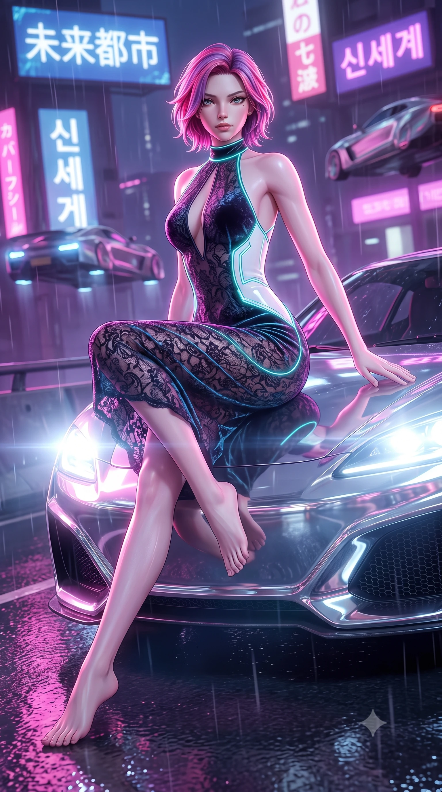 score_9, masterpiece, best quality, ultra-detailed, high-budget anime keyframe, semi-realistic 3D game render, editorial fashion photography, tasteful artistic composition, Caucasian woman. low angle full-body shot from head to toe showing her feet, filling the entire 9:16 vertical frame with her statuesque presence, stretching her vertical silhouette. leaping through mid-air with an athletic yet alluring arch of her spine, her impossibly long slender legs stretched in flawless poise while lounging seductively across the glossy hood of a futuristic chrome hyper-car on a rain-slicked highway. The composition keeps background elements in soft focus with creamy bokeh. distant cyber-billboards and hovering aero-cars softened by shallow rain-soaked focus. She has an absolutely perfect, statuesque 8.5-heads proportion, an exceptionally tall and slender model-like female figure with impossibly long slender legs and an ultra-slim waist. sharp v-shaped jawline, high-bridge nose, intricate jewel-like eyes with depth, thick eyelashes, glossy lips with a natural sheen, flawlessly proportioned anatomical accuracy, natural body alignment, perfectly sculpted elegant limbs, clean dynamic posture without body distortion. wearing a velvet halter-neck midi dress fitting her statuesque contour flawlessly with a Tasteful chest slit and open spine in pure snow white latex and glowing cyan circuit seams, crafted from delicate dark lace interwoven with luminescent micro-fibers, accented with glowing fiber-optic seams tracing her collarbones and hip curves, the daring cutouts accentuating her delicate midriff, graceful collarbones, and feminine contour. bathed in intense white automotive headlight beams and vibrant neon pink city reflections. highly saturated vibrant anime colors, detailed shading with soft gradients, rich glossy textures, high-contrast stereoscopic depth, volumetric dynamic lighting, master piece, 9:16 ratio