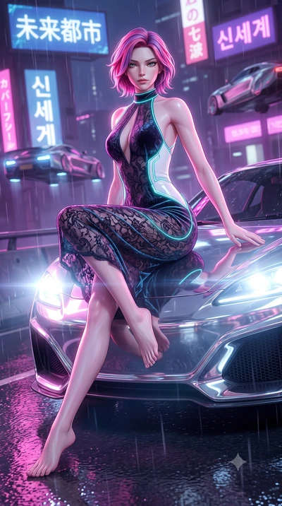 score_9, masterpiece, best quality, ultra-detailed, high-budget anime keyframe, semi-realistic 3D game render, editorial fashion photography, tasteful artistic composition, Caucasian woman. low angle full-body shot from head to toe showing her feet, 