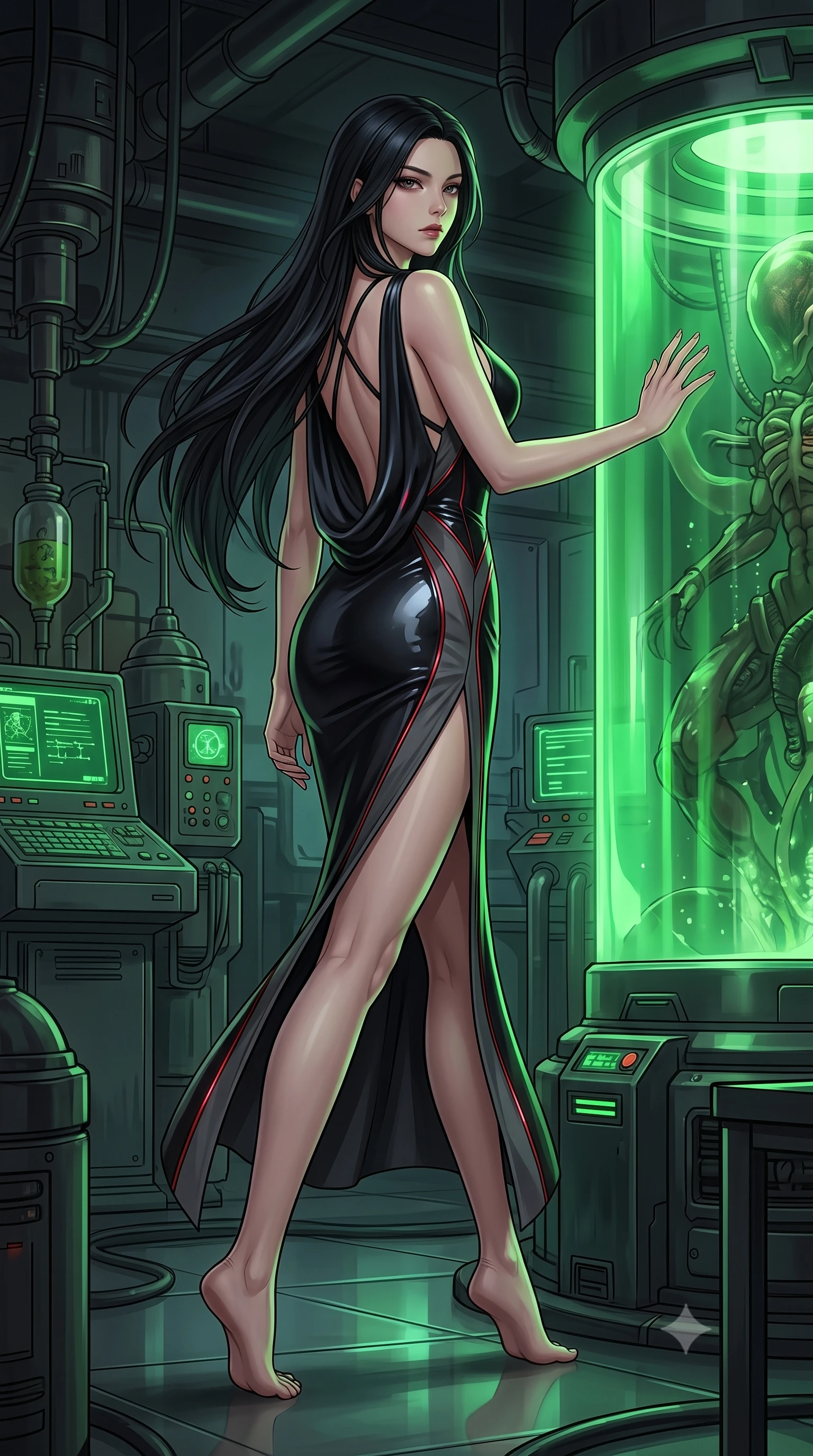 score_9, masterpiece, best quality, ultra-detailed, high-budget anime keyframe, semi-realistic 3D game render, editorial fashion photography, tasteful artistic composition, Korean woman. low angle full-body shot from head to toe showing her feet, filling the entire 9:16 vertical frame with her statuesque presence, stretching her vertical silhouette. striding forward in a proud, statuesque motion with a dangerous smolder, hips swaying with fierce allure, dominating the frame from head to toe while resting one hand on the glass wall of a glowing green bioluminescent stasis vat inside a shadowy underground laboratory. The surrounding environment is rendered in vivid detail and crisp panoramic clarity. rich industrial chiaroscuro and mysterious retro-futuristic alchemical design rendered with sharpness. She has an absolutely perfect, statuesque 8.5-heads proportion, an exceptionally tall and slender model-like female figure with impossibly long slender legs, a toned flat midriff, and an ultra-slim waist. sharp v-shaped jawline, high-bridge nose, intricate jewel-like eyes with depth, thick eyelashes, glossy lips with a natural sheen, flawlessly proportioned anatomical accuracy, strict slender model proportions, natural body alignment, perfectly sculpted long slender limbs, ultra-slim waistline, clean dynamic posture without body distortion. wearing a precision-fitted liquid jersey bodycon dress in obsidian black with a dramatic draped cowl back that swoops down to her waist and a high side slit in smoky charcoal grey and glowing crimson filaments, formed from high-gloss patent material with specular chiaroscuro reflections, complemented by criss-cross back straps highlighting her completely bare spine, the liquid-tight tailored fabric emphasizing every curve of her tall, slender model proportions and sculptured silhouette during dynamic movement. surrounded by a mysterious, forbidden, and captivatingly dangerous dark-science atmosphere. rich saturated anime colors with deep moody shadows, detailed chiaroscuro shading with soft gradients, rich glossy textures, high-contrast stereoscopic depth, volumetric dynamic shadow lighting, master piece, 9:16 ratio
