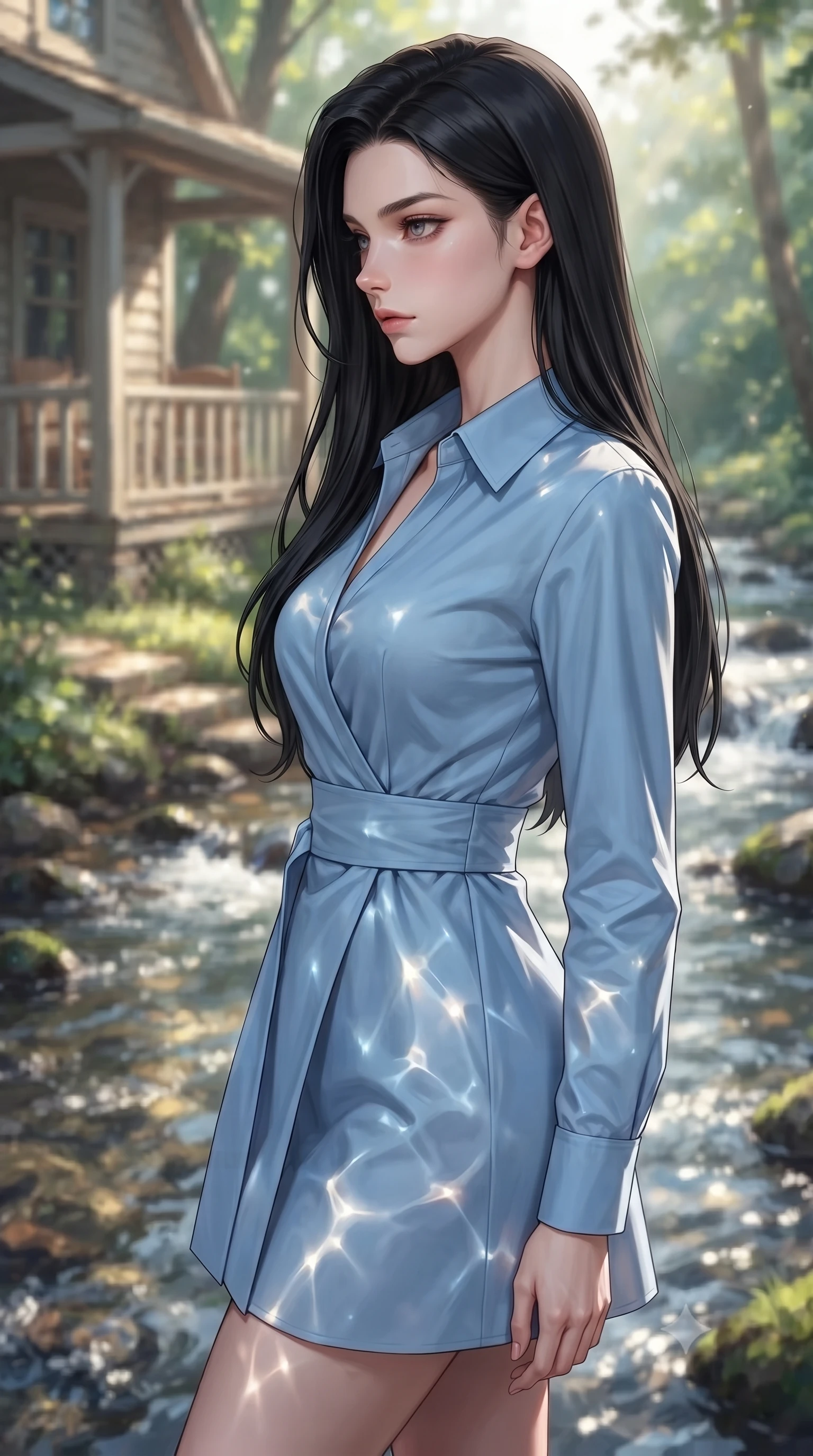 score_9, masterpiece, best quality, ultra-detailed, high-budget anime keyframe, editorial fashion photography, tasteful artistic composition, Korean woman woman. close-up cowboy shot from the waist and thighs up, the character dominates the composition, filling the frame with her large presence, background elements kept in soft focus. turning her face in sharp profile, casting a cold, mysterious, yet intensely alluring side gaze, the background shows a soft-focus a cozy cottage porch beside a bubbling forest stream with clear running water. She has an exceptionally elegant, slender, and willowy female figure with an ultra-slim waist, a gracefully sculpted slender torso, and a refined silhouette. sharp v-shaped jawline, high-bridge nose, intricate jewel-like eyes with depth, thick eyelashes, glossy lips with a natural sheen. wearing a tailored tailored cotton wrap shirt dress in sky blue with a neat collar and structured waist tie. dappled sunbeams reflecting off the moving water surface onto her form. ultra-reflective glossy finish, specular highlights, metallic sheen, high-contrast stereoscopic depth, volumetric dynamic lighting, 2k, ultra detail, master piece, 9:16 ratio