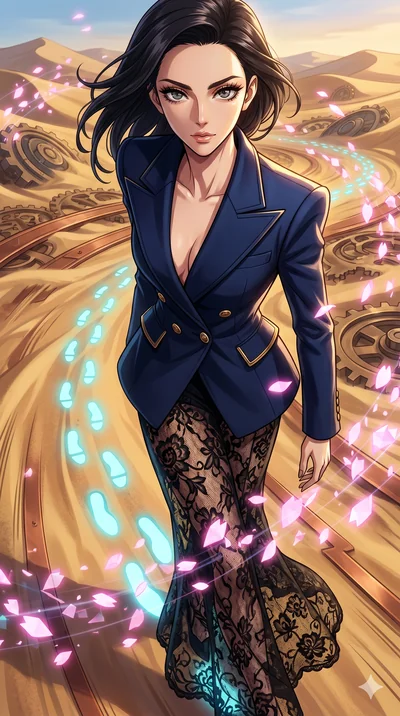 score_9, masterpiece, best quality, ultra-detailed, Set A: High-budget Anime Keyframe, Japanese woman. Upper body close-up from the thighs up, character filling the screen for maximum presence. Sliding through a clockwork desert, as she leaves a trai