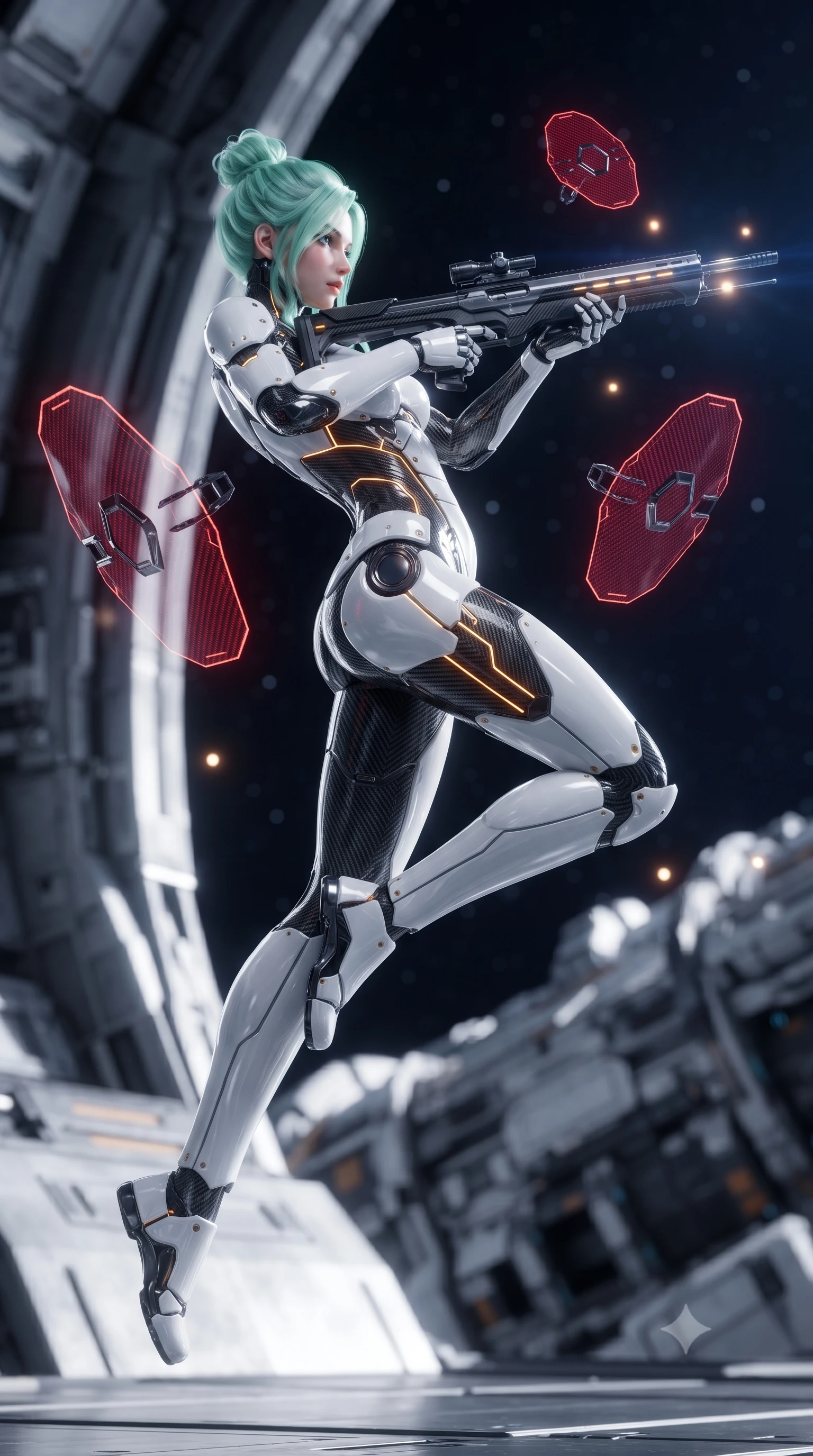 score_9, masterpiece, best quality, ultra-detailed, high-budget anime keyframe, editorial fashion photography, tasteful artistic composition, Japanese woman. low angle full-body shot from head to toe showing her feet, filling the entire 9:16 vertical frame with her statuesque presence, stretching her vertical silhouette. arching her back gracefully in mid-air during a dynamic combat vault, her weapon energy trail framing her statuesque presence while standing poised near the massive open airlock of a zero-gravity orbital hangar while aiming a sleek carbon railgun rifle toward the cosmos. The composition keeps background elements in soft focus with creamy bokeh. distant starlight and railgun charging LED coils scattering soft glowing light motes across a deep space backdrop. She has an absolutely perfect, statuesque 8.5-heads proportion, an exceptionally tall and slender model-like female figure with impossibly long slender legs, a toned flat midriff, and an ultra-slim waist. sharp v-shaped jawline, high-bridge nose, intricate jewel-like eyes with depth, thick eyelashes, glossy lips with a natural sheen, flawlessly proportioned anatomical accuracy, strict slender model proportions, natural body alignment, perfectly sculpted long slender limbs, ultra-slim waistline, clean dynamic posture without body distortion. wearing a high-contrast monochrome white-and-black carbon-composite exoskeleton suit with glowing amber circuitry, deploying floating hexagonal holographic energy shields with sovereign grace in deep crimson carbon weave with specular dark chrome accents, crafted from ultra-strong woven carbon-fiber composite with a satin luster, detailed with magnetic weapon holsters and polished chrome connection clasps, the liquid-tight tailored fabric emphasizing every curve of her tall, slender model proportions and sculptured silhouette during dynamic movement. bathed in dazzling natural orbital sunlight and rich blue planetary ambient bounce light. ultra-reflective glossy finish, specular highlights, dark metallic sheen, high-contrast stereoscopic depth, volumetric dynamic lighting, 2k, ultra detail, master piece, 9:16 ratio