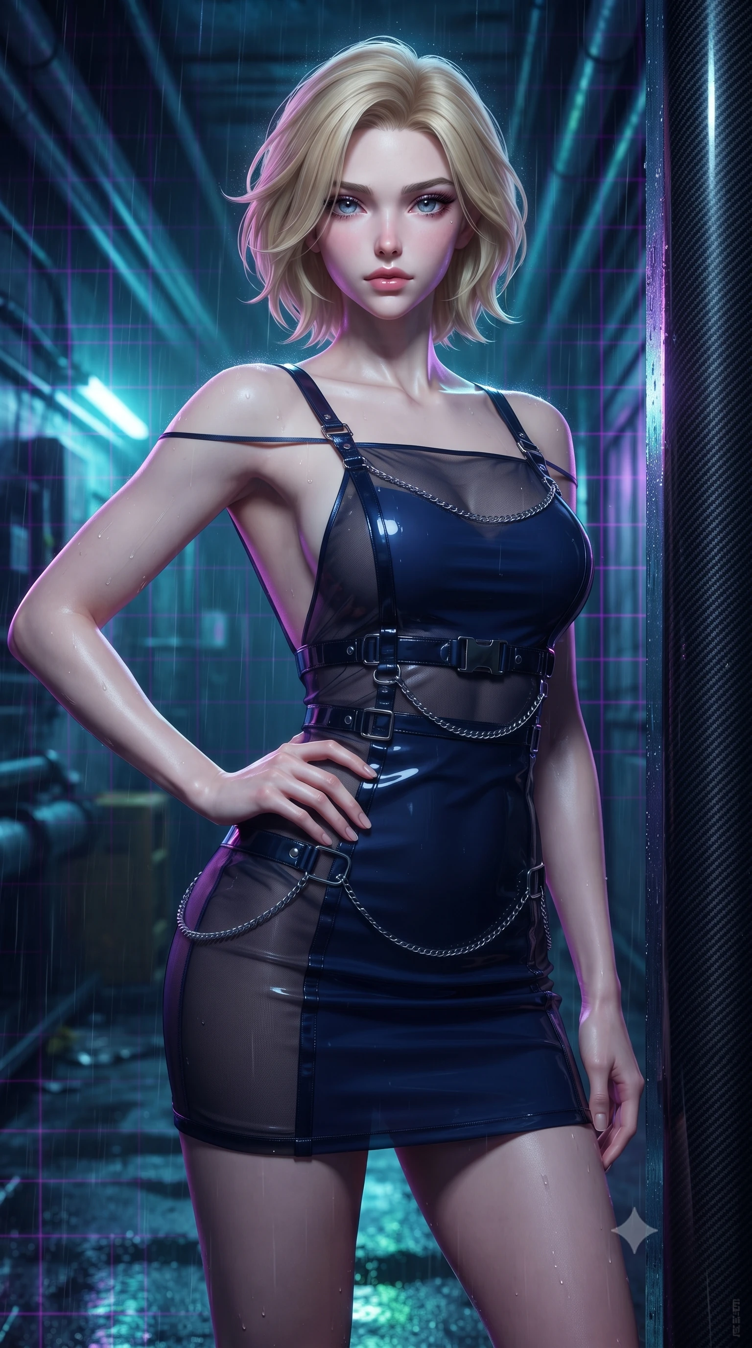 score_9, masterpiece, best quality, ultra-detailed, high-budget anime keyframe, editorial fashion photography, tasteful artistic composition, Caucasian woman. close-up cowboy shot from the waist and thighs up, the character dominates the composition, filling the frame with her large presence, background elements kept in soft focus. Holding a confident power pose with one hand on her hip, resting against a dark carbon-fiber pillar in a rain-soaked industrial corridor, holographic glitch noise casting dark violet grid lines across the background. She has an exceptionally elegant, slender, and willowy female figure with an ultra-slim waist, a gracefully sculpted slender torso, and a refined silhouette. sharp v-shaped jawline, high-bridge nose, intricate jewel-like eyes with depth, thick eyelashes, glossy lips with a natural sheen. wearing backless liquid vinyl mini slip dress with bare shoulder neckline in midnight navy blue, made of sheer dark organza overlay, framed by dark titanium buckles and silver chain details, the fitted fabric emphasizing her ultra-slim waist. bathed in high-contrast wet neon reflections and deep pitch-black shadows. highly saturated vibrant anime colors, detailed shading with soft gradients, rich glossy textures, high-contrast stereoscopic depth, volumetric dynamic lighting, master piece, 9:16 ratio