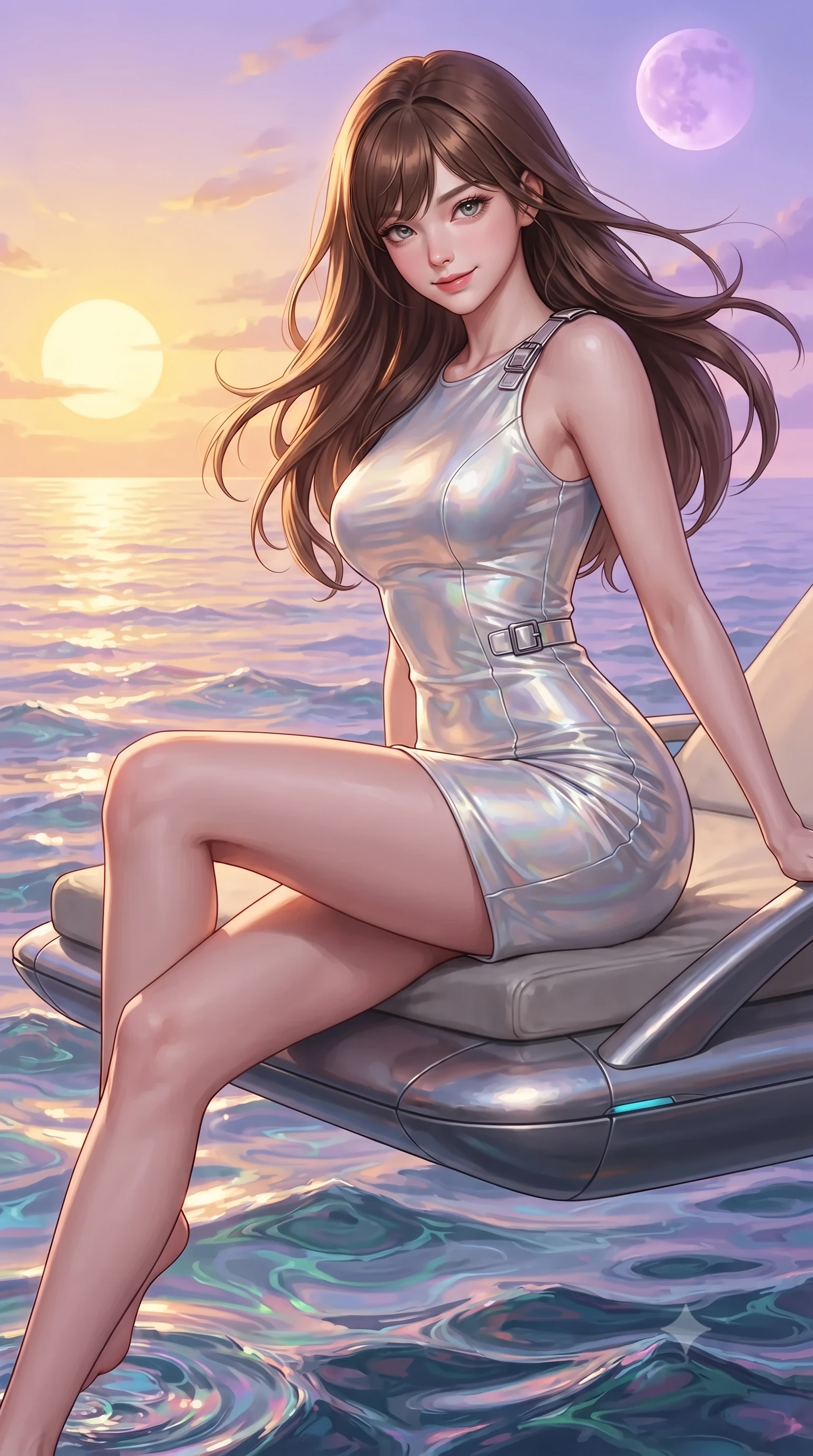 score_9, masterpiece, best quality, ultra-detailed, high-budget anime keyframe, editorial fashion photography, tasteful artistic composition, Korean woman. close-up cowboy shot from the waist and thighs up, the character dominates the composition, filling the frame with her large presence. perched sideways on the lounge seat, one knee drawn up to showcase her slender leg line while her arched back accentuates her feminine hip curve while standing poised on the aerodynamic titanium pontoon suspended over the iridescent waves of the sentient liquid ocean, arching her back with siren allure. The surrounding environment is rendered in vivid detail and crisp panoramic clarity: detailed haute-couture texture, wet-look liquid fabric drape, and sleek aerodynamic pontoon architecture in razor-sharp precision. She has an exceptionally elegant, slender, and willowy female figure with an ultra-slim waist, flat toned midriff, narrow ribcage, and sculpted feminine hips creating an alluring, slim hourglass silhouette without bulk. sharp v-shaped jawline, high-bridge nose, intricate jewel-like sparkling eyes with depth, thick eyelashes, glossy parted lips with a natural peach sheen, bright cheerful beaming smile with an enchanting and coquettish sensual glint, exuding both youthful cute charm and seductive allure, flawlessly proportioned anatomical accuracy, strict slender model proportions, natural body alignment, perfectly sculpted long slender limbs, ultra-slim waistline, clean dynamic posture without body distortion. wearing an ultra-sleek high-gloss patent leather sheath dress contouring her ultra-slim waistline and feminine hips in iridescent mother-of-pearl and liquid molten silver, tailored from high-gloss patent leather with mirror-like specular highlights, finished with sleek magnetic buckle closures fluttering in the breeze, the impeccably tailored cut draping gracefully along her slender figure with aristocratic poise. bathed in the surreal dual illumination of twin setting suns—one golden amber, one lavender rose. ultra-reflective glossy finish, specular highlights, rich textural contrasts, high-contrast stereoscopic depth, volumetric dynamic lighting, 2k, ultra detail, master piece, 9:16 ratio