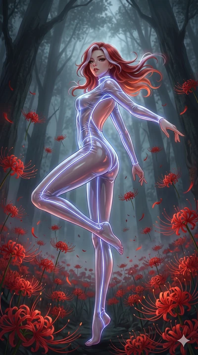 score_9, masterpiece, best quality, ultra-detailed, High-budget Anime Keyframe, East Asian woman. Low angle cowboy shot filling the entire 9:16 frame with her statuesque presence. Scenario 275: Dancing amidst falling red spider lilies in a misty dark