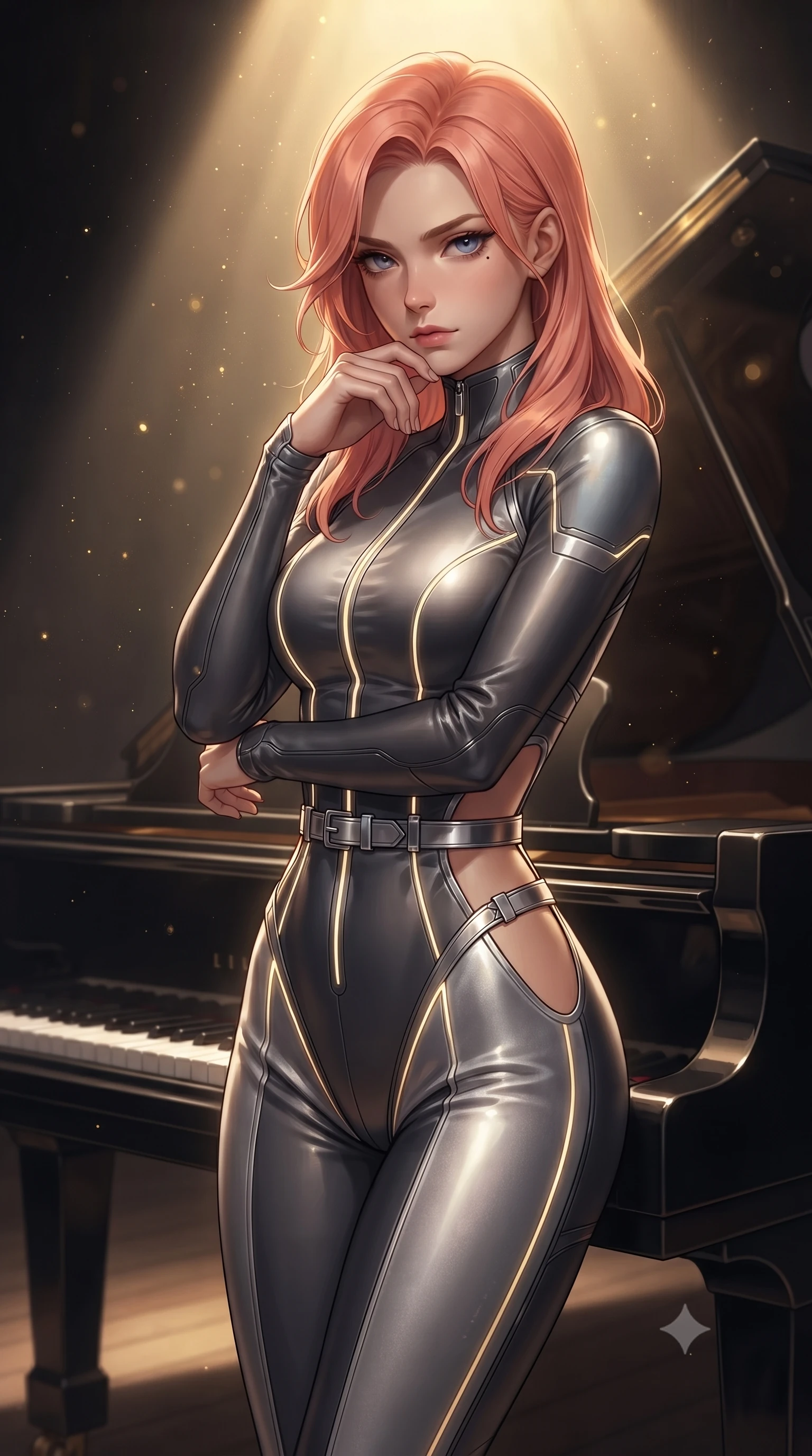 score_9, masterpiece, best quality, ultra-detailed, high-budget anime keyframe, editorial fashion photography, tasteful artistic composition, Japanese woman. close-up cowboy shot from the waist and thighs up, the character dominates the composition, filling the frame with her large presence, background elements kept in soft focus. Resting her chin on the backs of her fingers, casting a sharp, mysterious gaze standing beside a polished ebony grand piano on a solitary concert stage, golden dust particles dancing gracefully in the beam of key light. She has an exceptionally elegant, slender, and willowy female figure with an ultra-slim waist, a gracefully sculpted slender torso, and a refined silhouette. sharp v-shaped jawline, high-bridge nose, intricate jewel-like eyes with depth, thick eyelashes, glossy lips with a natural sheen. wearing a skin-tight cybernetic bodysuit with glowing neon seams and side cutouts in charcoal grey and platinum, made of premium stretch velvet with a rich sheen, detailed with polished silver buckles along the waistline, the form-contouring material highlighting her ultra-slim waist and long lines. bathed in a single dramatic golden spotlight with rich chiaroscuro shadows. highly saturated vibrant anime colors, detailed shading with soft gradients, rich glossy textures, high-contrast stereoscopic depth, volumetric dynamic lighting, master piece, 9:16 ratio