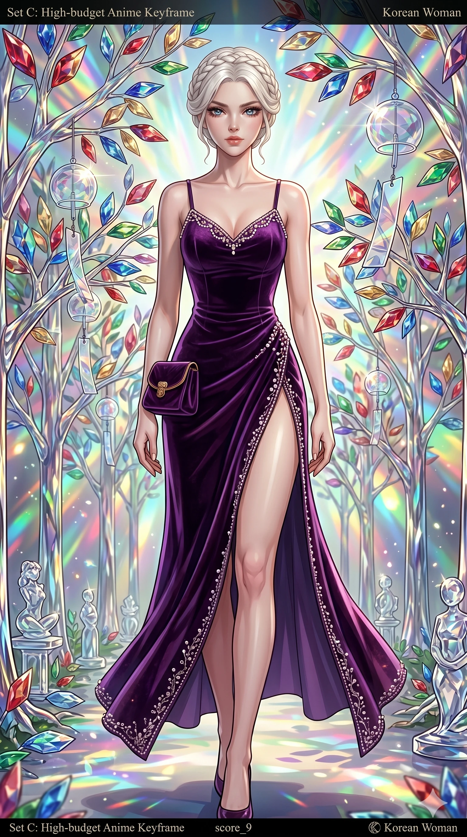 score_9, masterpiece, best quality, ultra-detailed, Set C: High-budget Anime Keyframe, Korean woman. Low angle cowboy shot filling the entire 9:16 frame with her statuesque presence. Walking through a garden of glass trees that chime in the wind. She has an absolutely perfect 8-heads proportion, an exceptionally tall and slender female figure with elegant long slender legs and an slender waist. Sharp v-shaped jawline, high-bridge nose, intricate jewel-like eyes with depth, thick eyelashes, glossy lips. Wearing a High-Fashion Editorial outfit: slip dress with a elegant high side slit and velvet detail. Background is a bright and colorful fantasy garden with prismatic glass leaves and vibrant light. 2k, ultra detail, master piece, 9:16 ratio