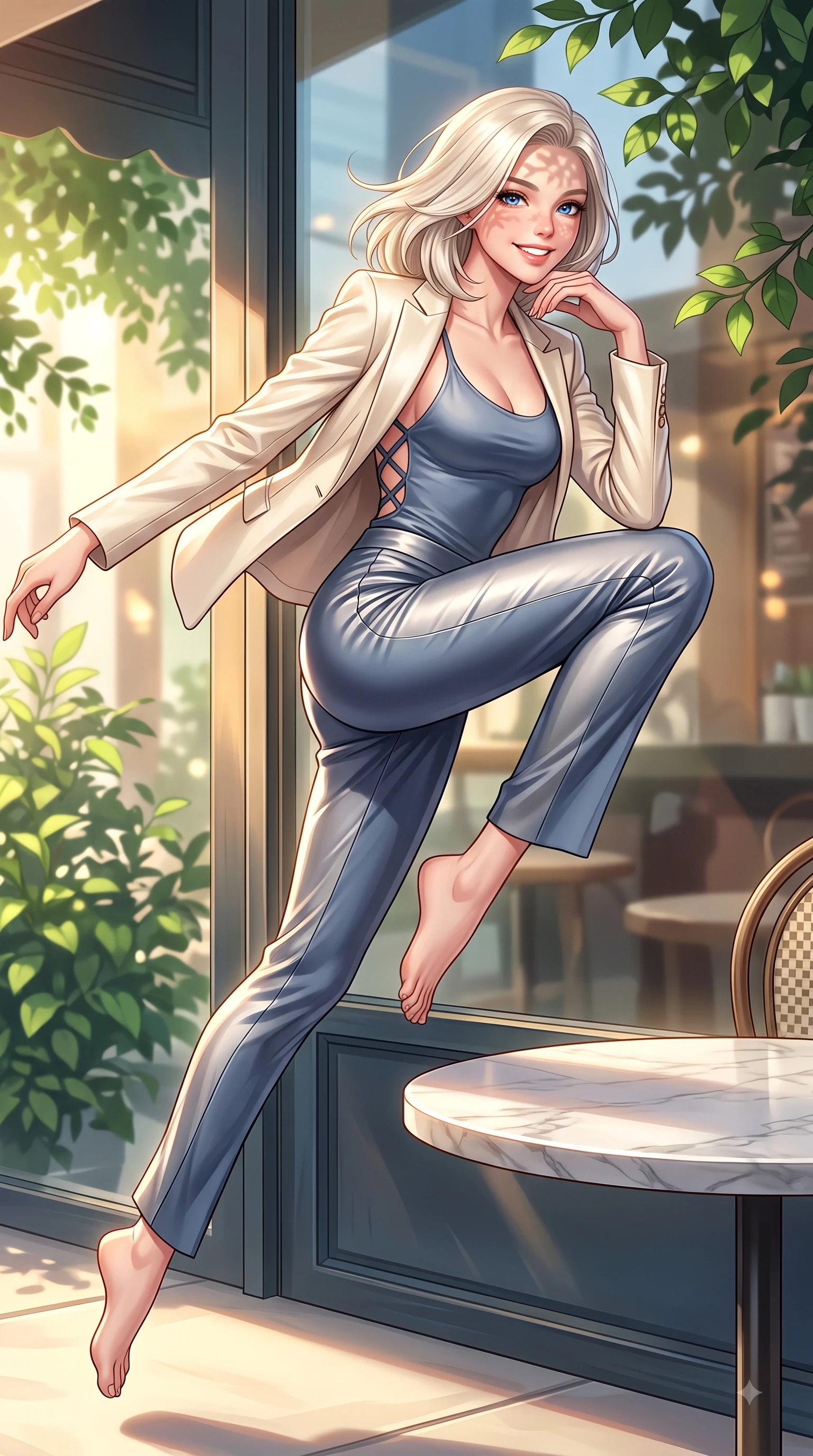 score_9, masterpiece, best quality, ultra-detailed, high-budget anime keyframe, editorial fashion photography, tasteful artistic composition, Caucasian woman. low angle full-body shot from head to toe showing her feet, filling the entire 9:16 vertical frame with her statuesque presence, stretching her vertical silhouette. leaping with pure youthful energy through mid-air with a radiant bright smile, her impossibly long slender legs stretched in balance while resting her chin playfully on the back of her fingers at a marble cafe table with a sweet grin, lush green garden leaves outside casting delicate organic stencil shadows across her face. She has an absolutely perfect, statuesque 8.5-heads proportion, an exceptionally tall and slender model-like female figure with impossibly long slender legs and an ultra-slim waist. sharp v-shaped jawline, high-bridge nose, intricate jewel-like eyes with depth, thick eyelashes, glossy lips with a natural sheen, flawlessly proportioned anatomical accuracy, natural body alignment, perfectly sculpted elegant limbs, clean dynamic posture without body distortion. wearing a tailored cream silk blazer over a form-contouring scoop-neck top and slacks in slate blue and metallic silver, crafted from lustrous satin jersey with fluid draping, complemented by criss-cross back straps highlighting her bare shoulders, the tailored fabric tightly following every curve of her athletic build. bathed in warm golden sunlight streaming through clean glass cafe windows. highly saturated vibrant anime colors, detailed shading with soft gradients, rich glossy textures, high-contrast stereoscopic depth, volumetric dynamic lighting, master piece, 9:16 ratio