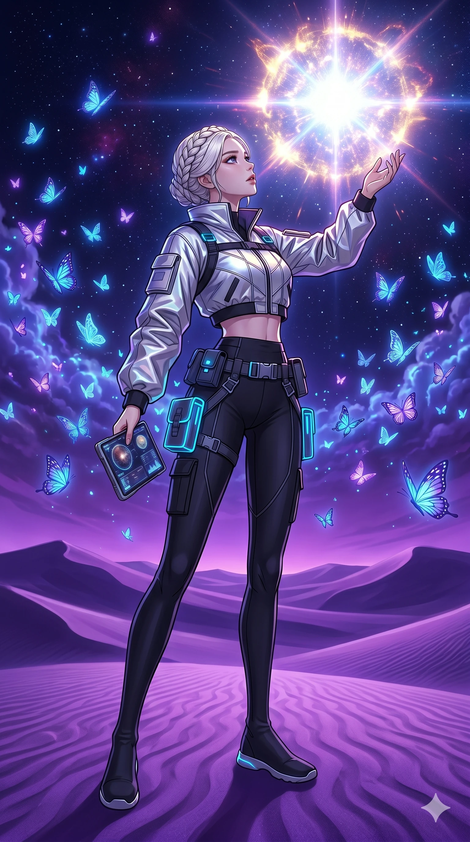 score_9, masterpiece, best quality, ultra-detailed, high-budget anime movie keyframe, cinematic anime lighting, intricate line art, Korean woman. Dynamic full-body shot stretching the vertical silhouette across the 9:16 frame. observing a supernova in a desert of purple sands surrounded by glowing butterflies. She has an absolutely perfect 8-heads proportion, an exceptionally tall and slender female figure with an ultra-slim waist and impossibly long slender legs. sharp v-shaped jawline, high-bridge nose, intricate jewel-like eyes, thick eyelashes, glossy lips. Wearing modern urban tech-wear ensemble with a cropped reflective bomber jacket, ultra-slim high-waisted cargo leggings, and tactical harness with neon-lit pouches. The scene is illuminated by dramatic atmospheric lighting and vibrant color palettes. , 2k, ultra detail, master piece, 9:16 ratio