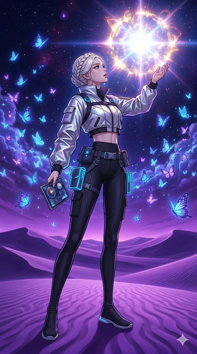 score_9, masterpiece, best quality, ultra-detailed, high-budget anime movie keyframe, cinematic anime lighting, intricate line art, Korean woman. Dynamic full-body shot stretching the vertical silhouette across the 9:16 frame. observing a supernova i