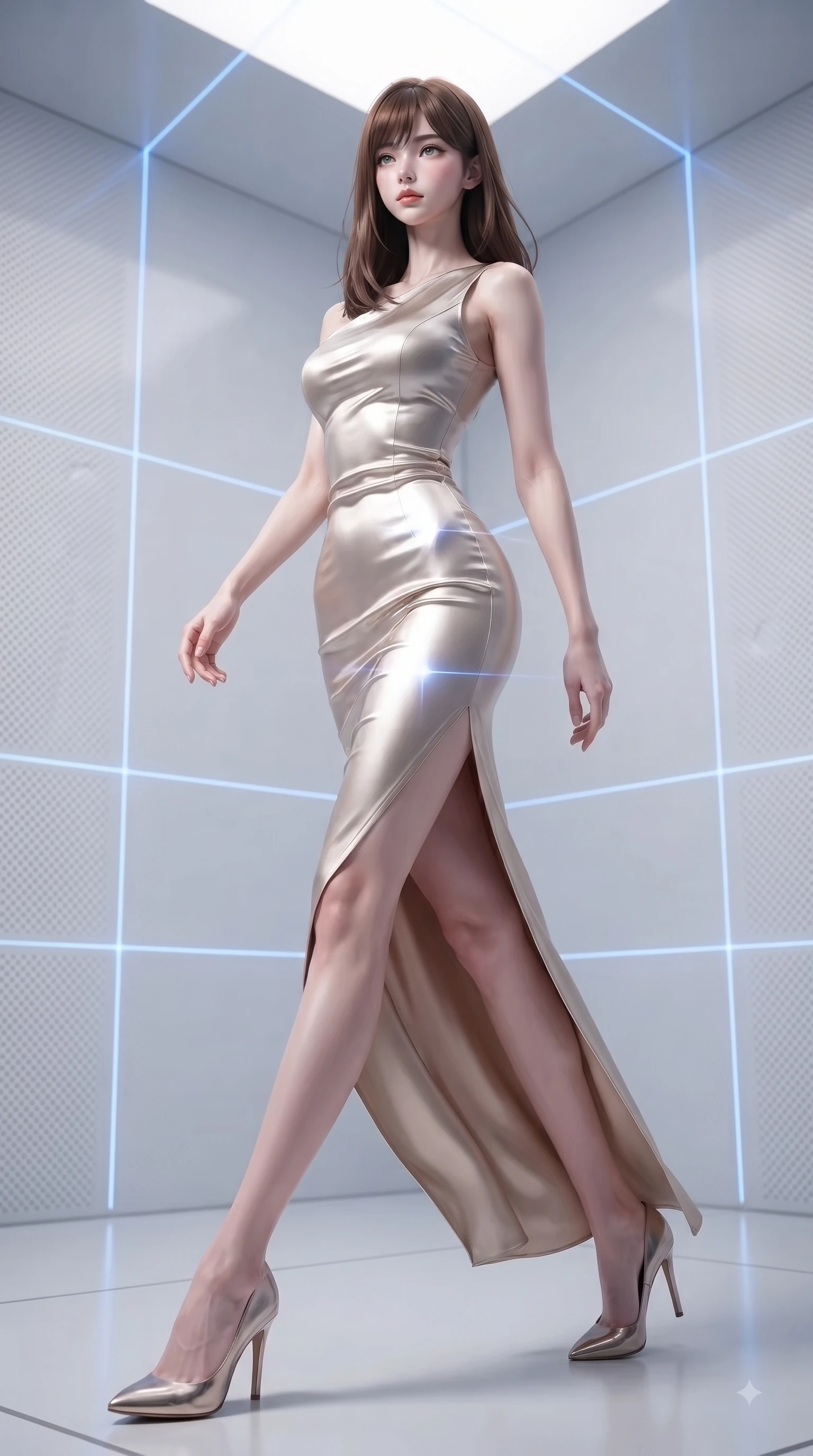 score_9, masterpiece, best quality, ultra-detailed, high-budget anime keyframe, editorial fashion photography, tasteful artistic composition, Korean woman woman. low angle full-body shot from head to toe showing her feet, filling the entire 9:16 vertical frame with her statuesque presence, stretching her vertical silhouette. She has an absolutely perfect, statuesque 8.5-heads proportion, an exceptionally tall and slender model-like female figure with impossibly long slender legs and an ultra-slim waist. stepping gracefully forward in a proud statuesque stride, her body turning in a fluid S-curve silhouette, flawlessly proportioned anatomical accuracy, natural body alignment, perfectly sculpted elegant limbs, clean dynamic posture without body distortion. set against a soft-focus background of a high-tech cleanroom with white composite walls and laser grids. wearing a sculpted champagne satin bodycon gown following her slender silhouette like liquid metal. bathed in crisp high-key white ambient light with focused blue laser gridlines. ultra-reflective glossy finish, specular highlights, metallic sheen, high-contrast stereoscopic depth, volumetric dynamic lighting, 2k, ultra detail, master piece, 9:16 ratio