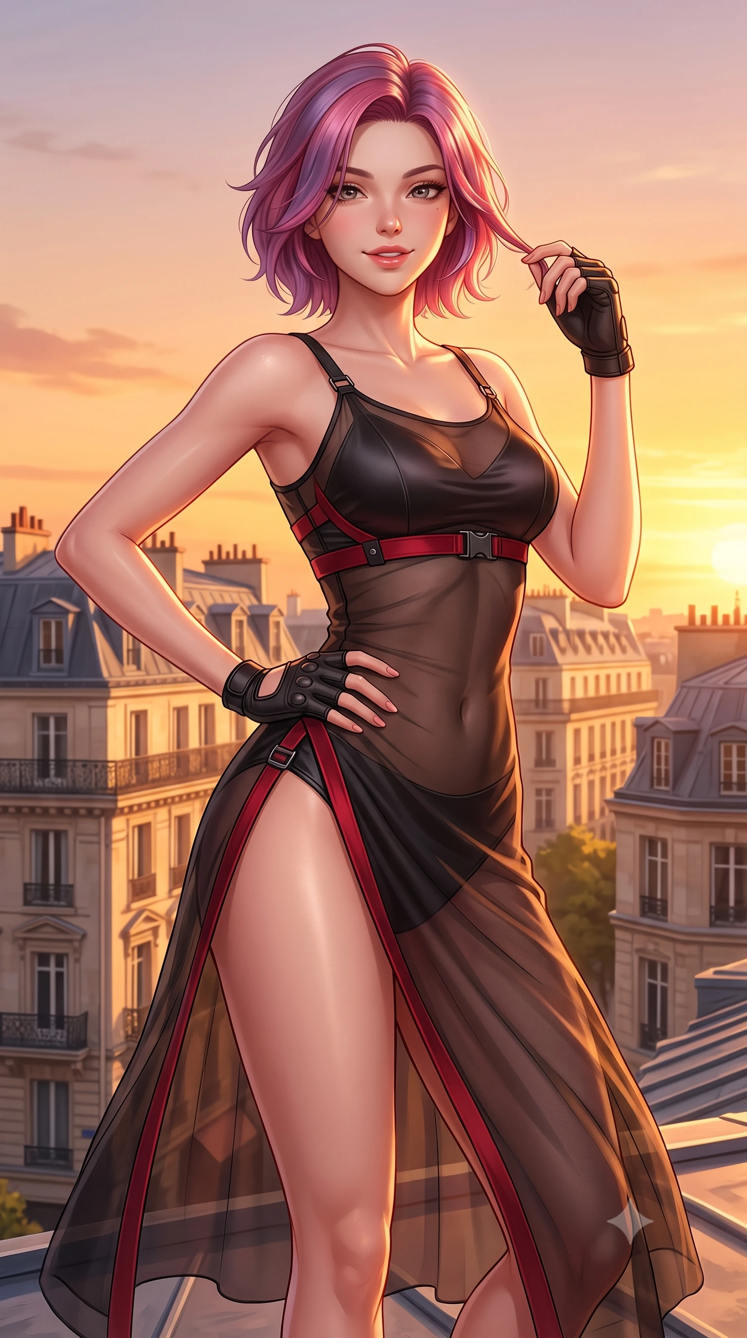 score_9, masterpiece, best quality, ultra-detailed, high-budget anime keyframe, semi-realistic 3D game render, editorial fashion photography, tasteful artistic composition, Caucasian woman. close-up cowboy shot from the waist and thighs up, the character dominates the composition, filling the frame with her large presence. twisting her slender torso in an alluring contrapposto stance, one hand resting on her sculpted hip while her fingers toy with her hair with effortless poise while twisting her slender torso in an alluring S-curve, golden hour winds molding her sheer tulle skirt to her long slender legs and curvy hips. The surrounding environment is rendered in vivid detail and crisp panoramic clarity: detailed ballet leotard cling, sun-kissed skin glow, and Parisian haussmann architecture in razor-sharp precision. She has an exceptionally elegant, slender, and willowy female figure with an ultra-slim waist, flat toned midriff, narrow ribcage, and sculpted feminine hips creating an alluring, slim hourglass silhouette without bulk. sharp v-shaped jawline, high-bridge nose, sparkling eyes with hypnotic seductive depth, thick curled eyelashes, glossy parted lips with a natural dewy peach sheen, alluring bedroom-eyes with an enchanting coquettish smile, exuding magnetic siren charisma and sophisticated glamour, flawlessly proportioned anatomical accuracy, strict slender model proportions, natural body alignment, perfectly sculpted long slender limbs, ultra-slim waistline, clean dynamic posture without body distortion. wearing a sheer black tactical gauze slip dress worn over a liquid satin undergarment, hugging her flat midriff and hips in matte obsidian black and tactical crimson red with gunmetal hardware, made of semi-opaque stretch illusion mesh with soft shadowy contours, finished with fingerless matte leather tactical driving gloves with reinforced knuckles, the high-slit wrap tailoring accentuating her ultra-slim waistline and the enchanting curve of her feminine hips with alluring seductive charm. bathed in molten golden hour sunset light washing horizontally across the Parisian skyline. highly saturated vibrant anime colors, detailed shading with soft gradients, rich glossy textures, high-contrast stereoscopic depth, volumetric dynamic lighting, master piece, 9:16 ratio