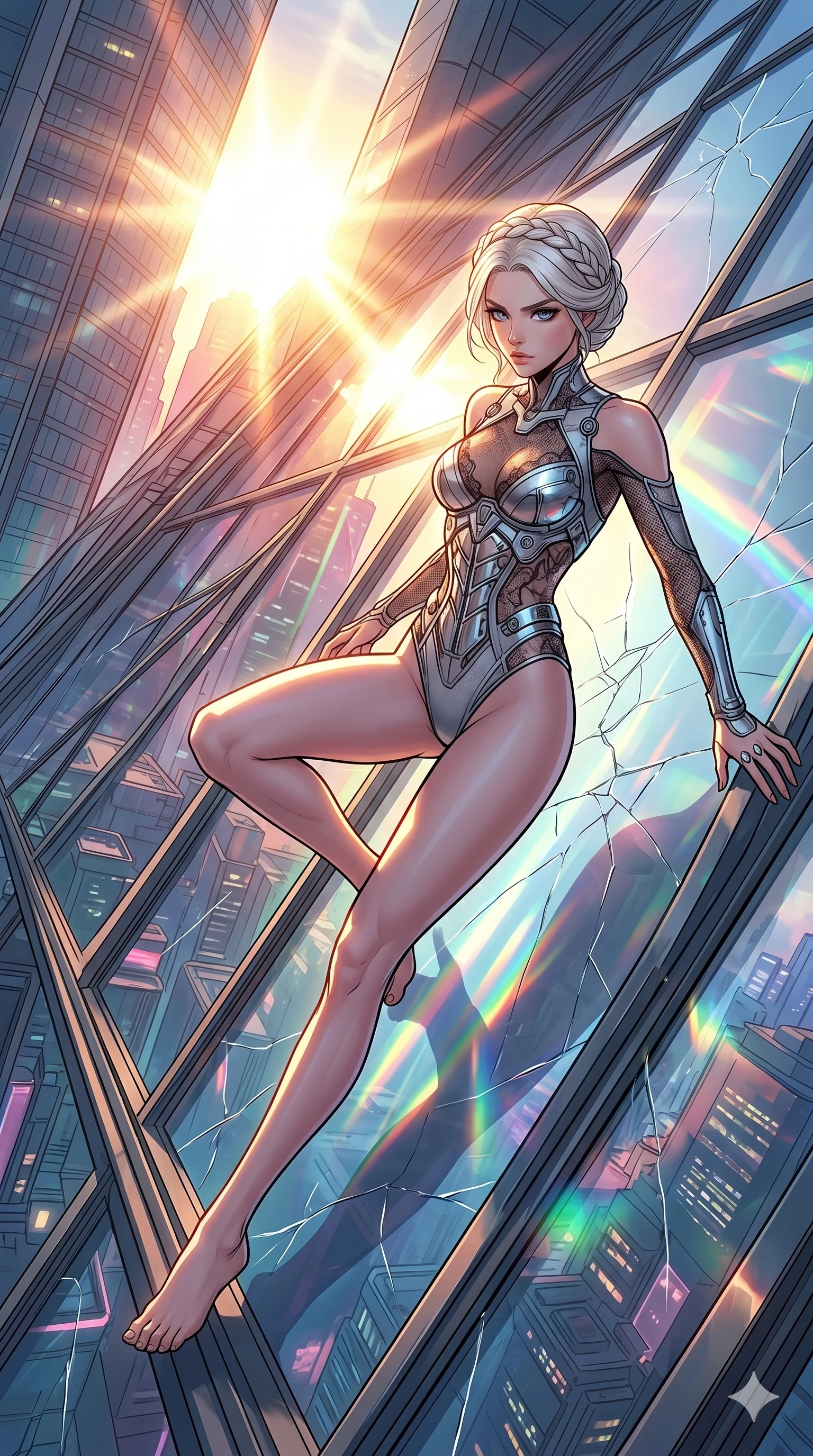 score_9, masterpiece, best quality, ultra-detailed, high-budget anime movie keyframe, cinematic anime lighting, intricate line art, Caucasian (strictly human ears) woman. Low angle cowboy shot capturing a powerful motion and statuesque presence. sliding down a glass roof as the sun creates a blinding glare. She has an absolutely perfect 8-heads proportion, an exceptionally tall and slender female figure with an ultra-slim waist and impossibly long slender legs. strictly human anatomy, two legs only, no extra limbs, clearly defined legs and arms, perfect anatomy, perfect hands and fingers. sharp v-shaped jawline, high-bridge nose, intricate jewel-like eyes, thick eyelashes, glossy lips. Wearing Cyber-Tech Legacy: Asymmetrical high-cut tech-bodysuit with detached sleeves and chrome-plated corset over sheer lace. The scene is illuminated by dramatic atmospheric lighting and vibrant color palettes. , 2k, ultra detail, master piece, 9:16 ratio